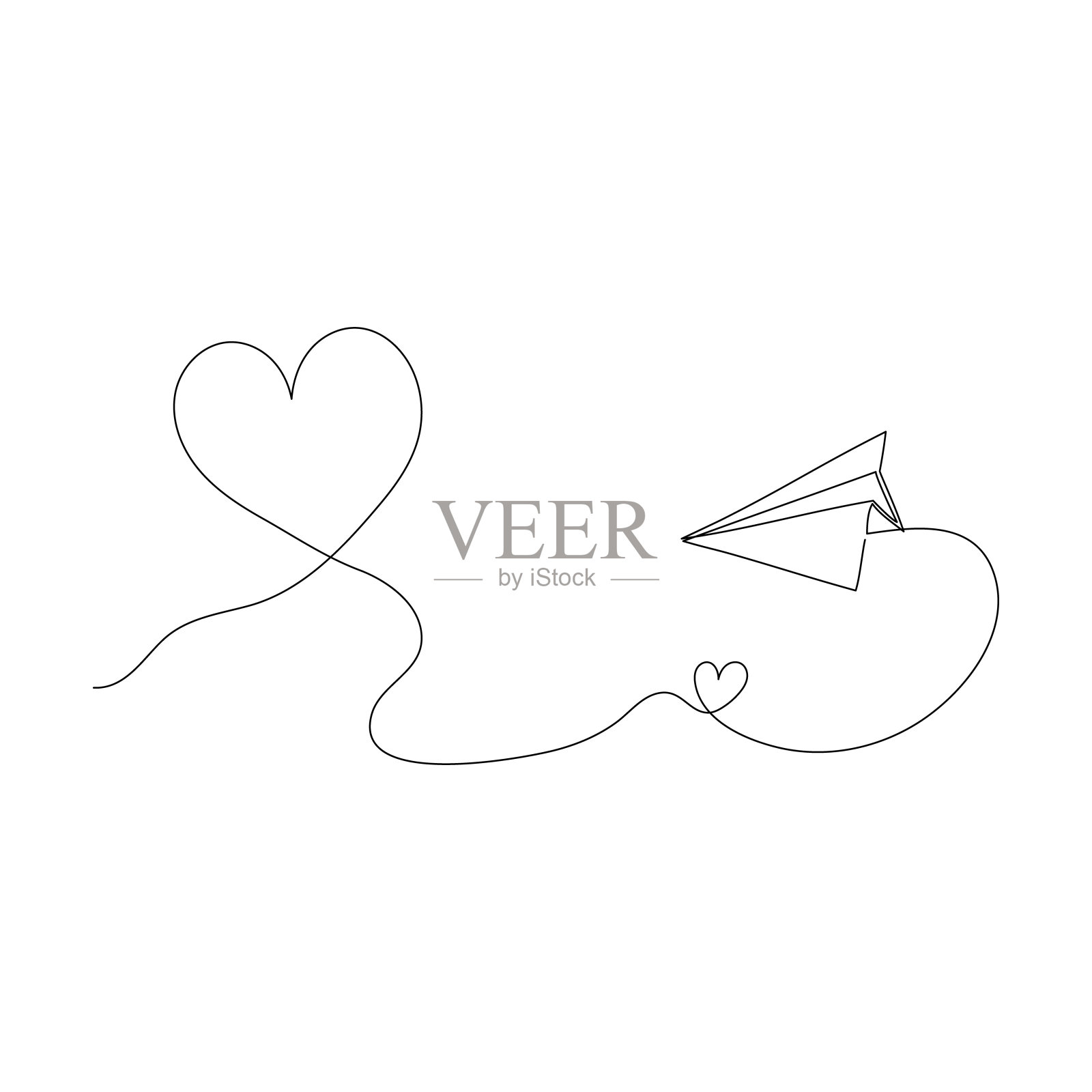 纸飞机与心-爱卡的概念。连续单线绘制。简约的矢量插图。插画图片素材