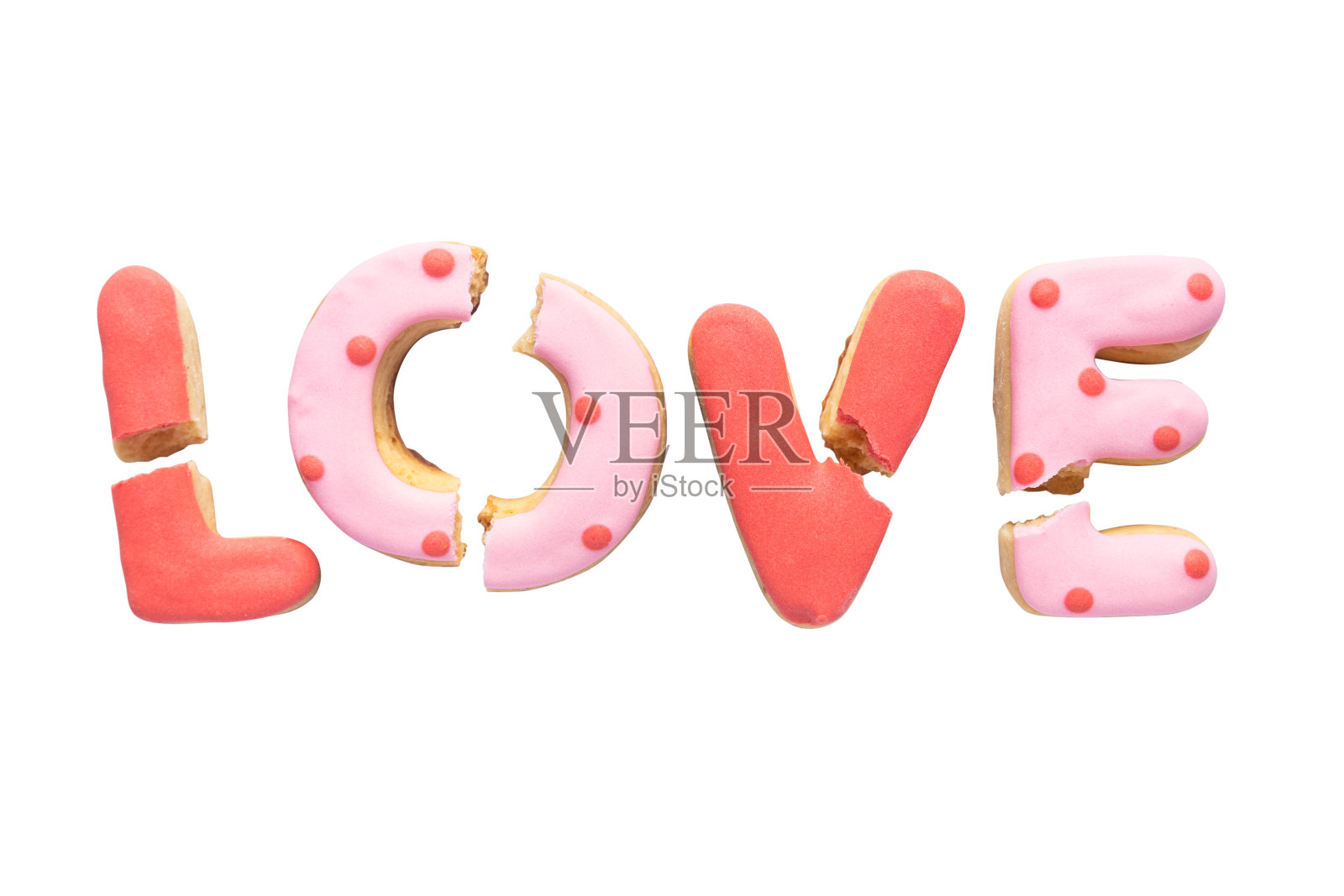 破碎的爱字母糖霜饼干孤立在白色背景照片摄影图片