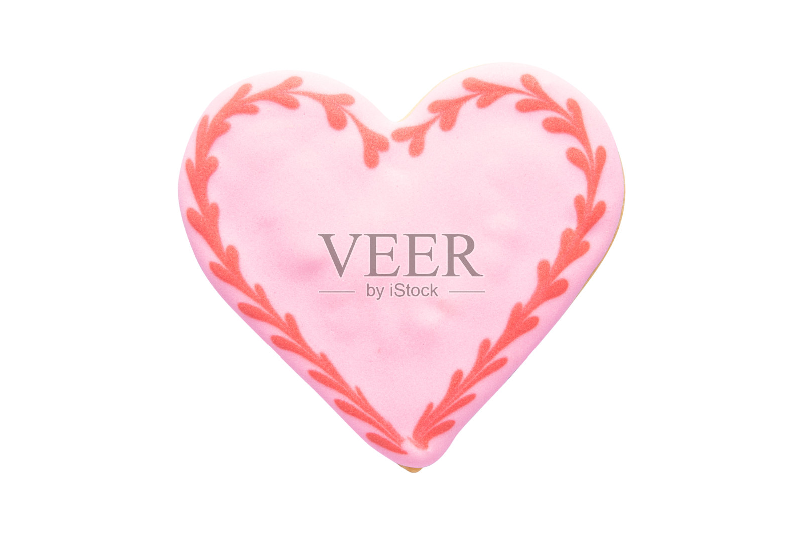 粉色心形饼干与皇家糖霜孤立在白色背景照片摄影图片