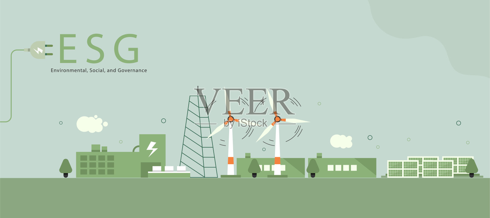 ESG概念，可持续环境，社会和治理，社会政府与风力涡轮机和太阳能电池板。矢量插图横幅照片摄影图片