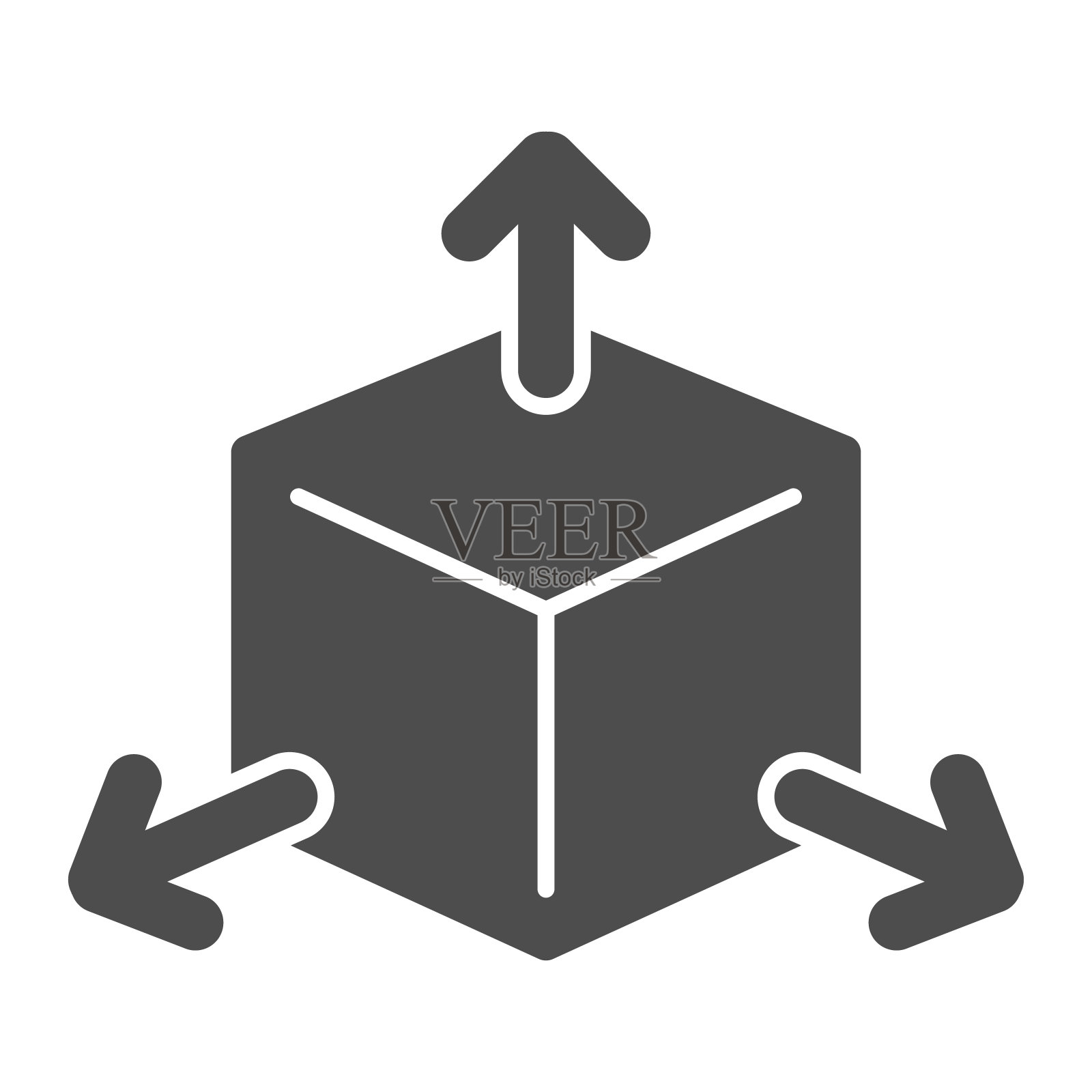 立方体与箭头固体图标，方向或数学概念的选择，三个面的立方体标志在白色背景，体积方形与箭头图标在字形风格。矢量图形。图标素材