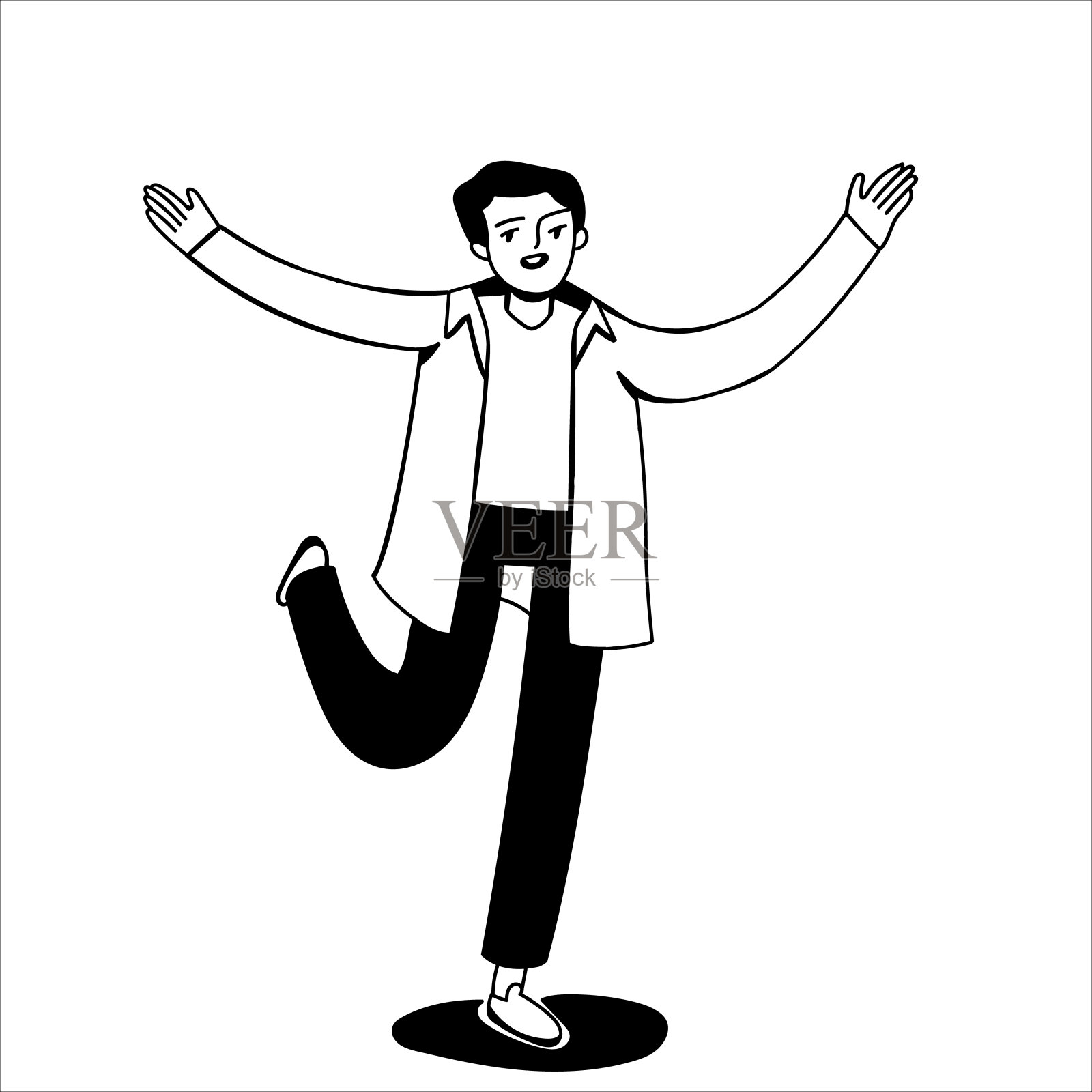 快乐的男主角跑过来拥抱。一个快乐的年轻人。矢量手绘插图在一个孤立的白色背景上的涂鸦风格。插画图片素材