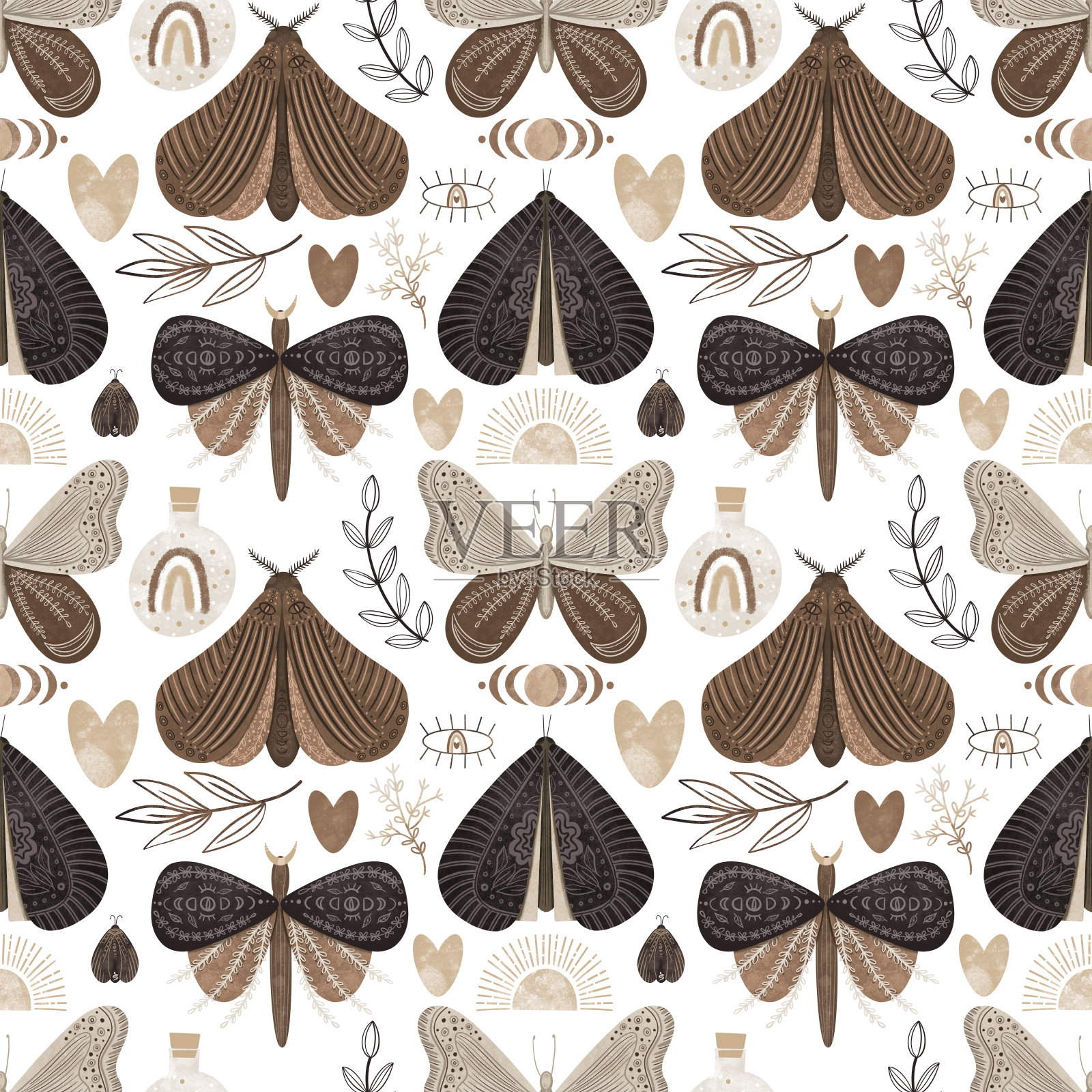 神秘的蛾子和花卉元素无缝的图案，在白色背景上的插图插画图片素材
