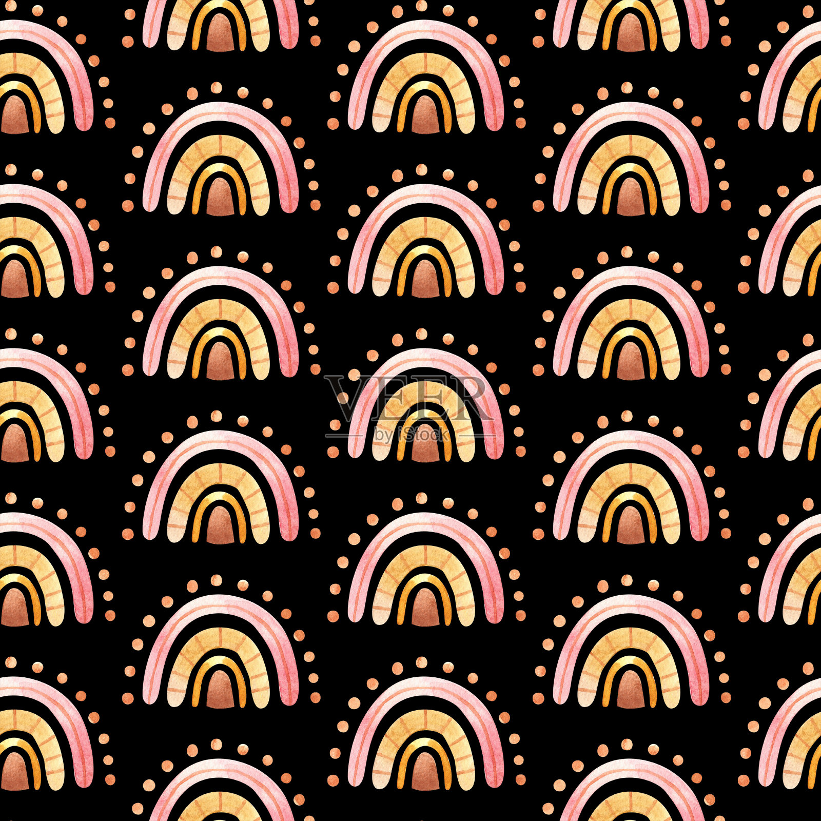 无缝图案与波西米亚彩虹星在中性色。水彩手绘插图数字纸插画图片素材