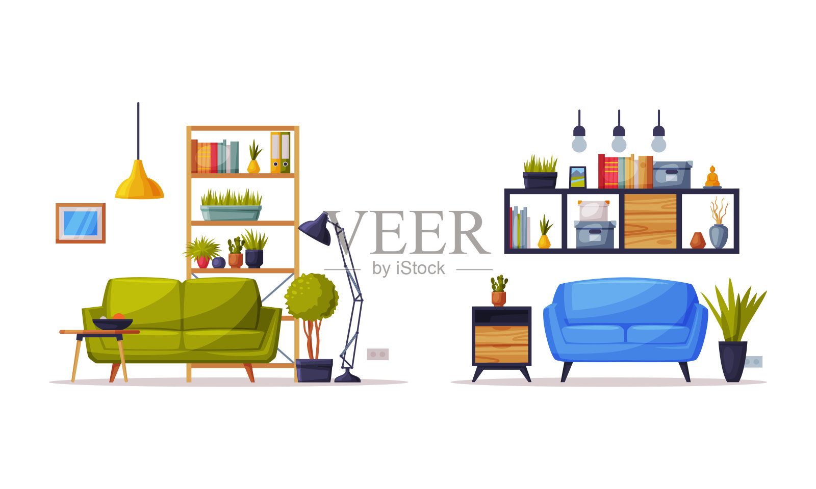 家具和配件舒适的房间内部设置矢量插图插画图片素材