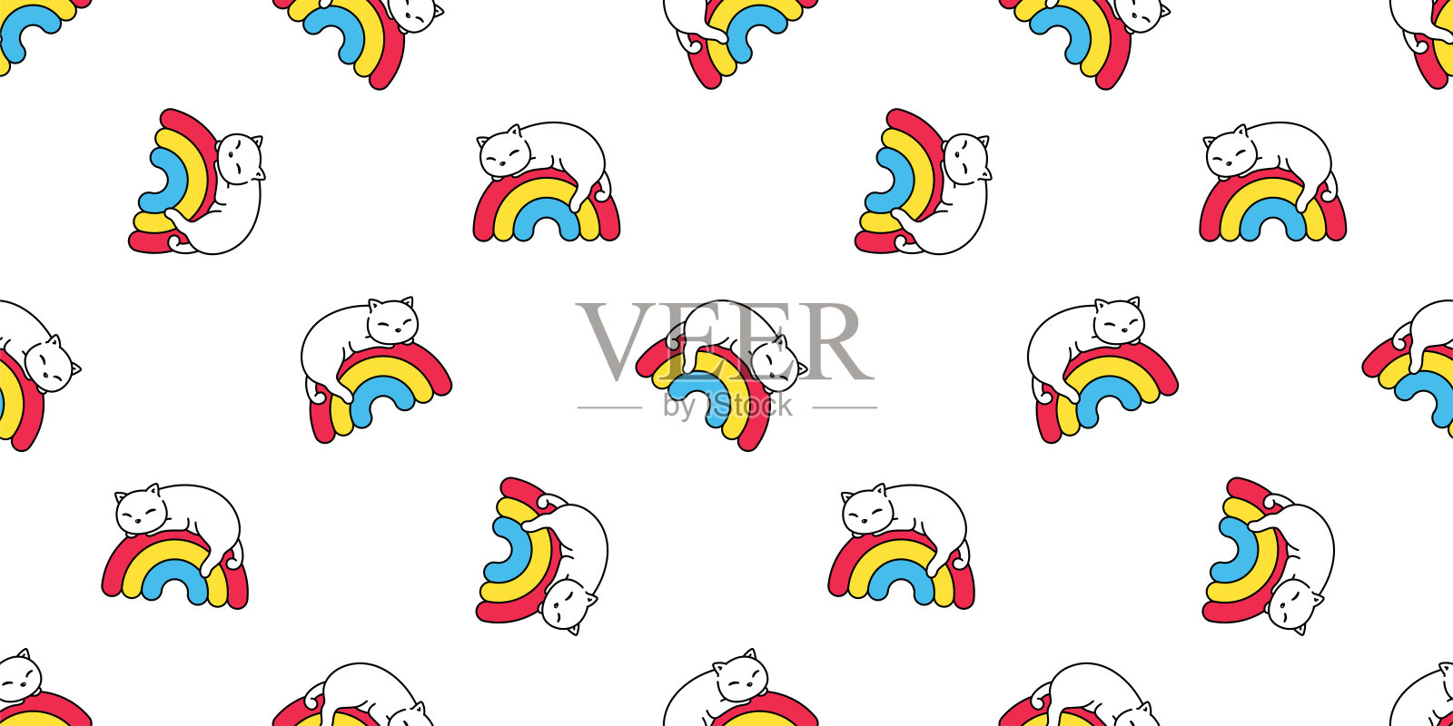 猫无缝图案小猫彩虹印花品种向量睡觉neko狗宠物角色卡通重复壁纸瓷砖背景围巾孤立的插图涂鸦白色设计插画图片素材