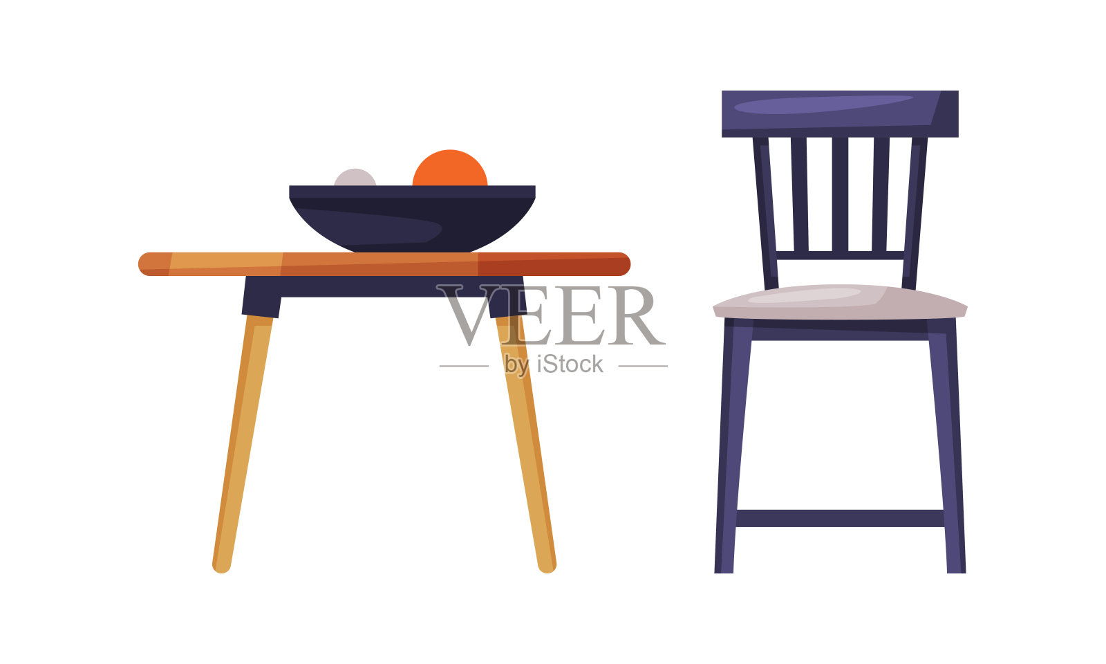 经典木椅和桌子为家庭，办公室，咖啡馆，餐厅室内矢量插图插画图片素材