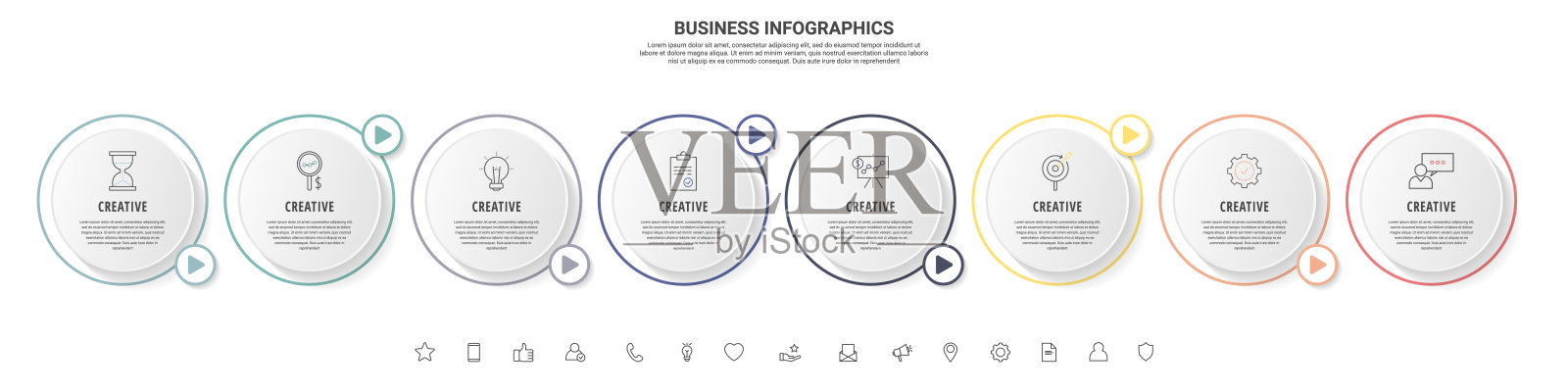 带有8个线圈的业务向量信息图。时间轴可视化与8个步骤的图表，流程图，横幅，演示，网页，内容，水平，图表，图形插画图片素材