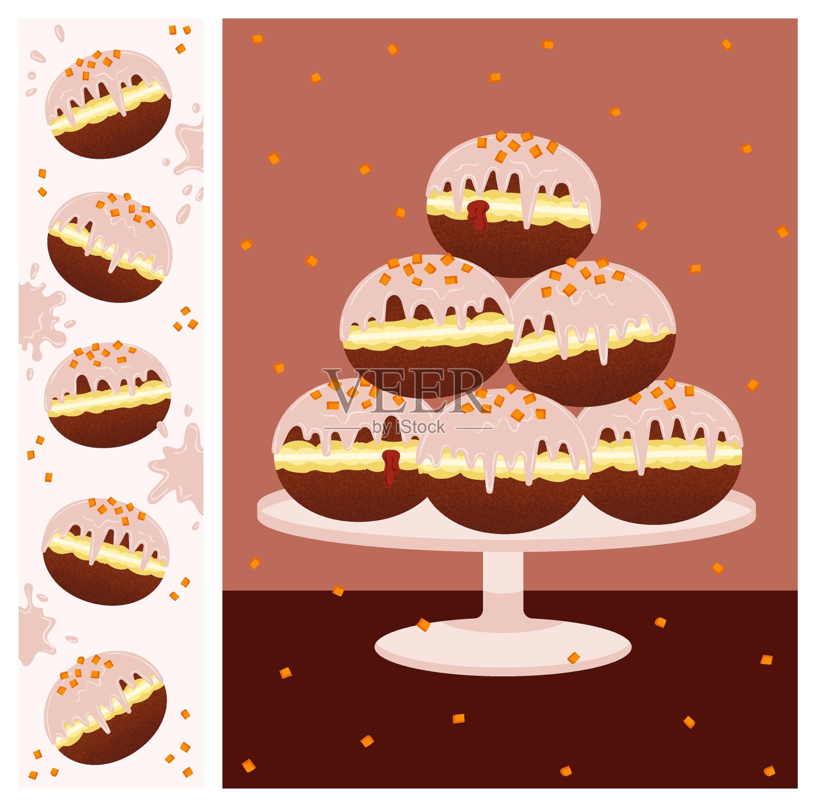 胖星期四模板:贺卡和横幅。波兰甜甜圈加糖霜和蜜饯橘皮。插画图片素材