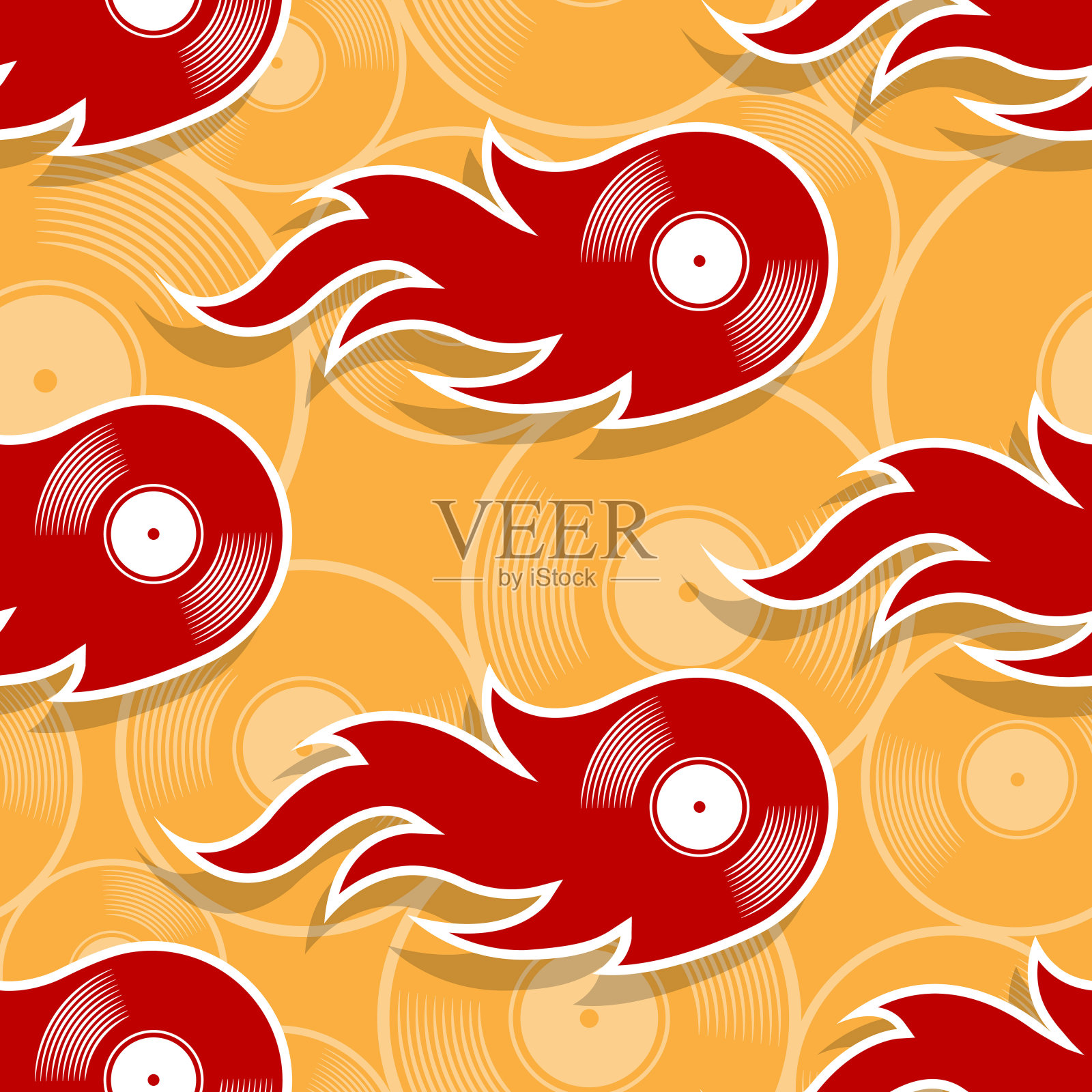 无缝向量模式与复古乙烯基唱片图标和火焰。插画图片素材