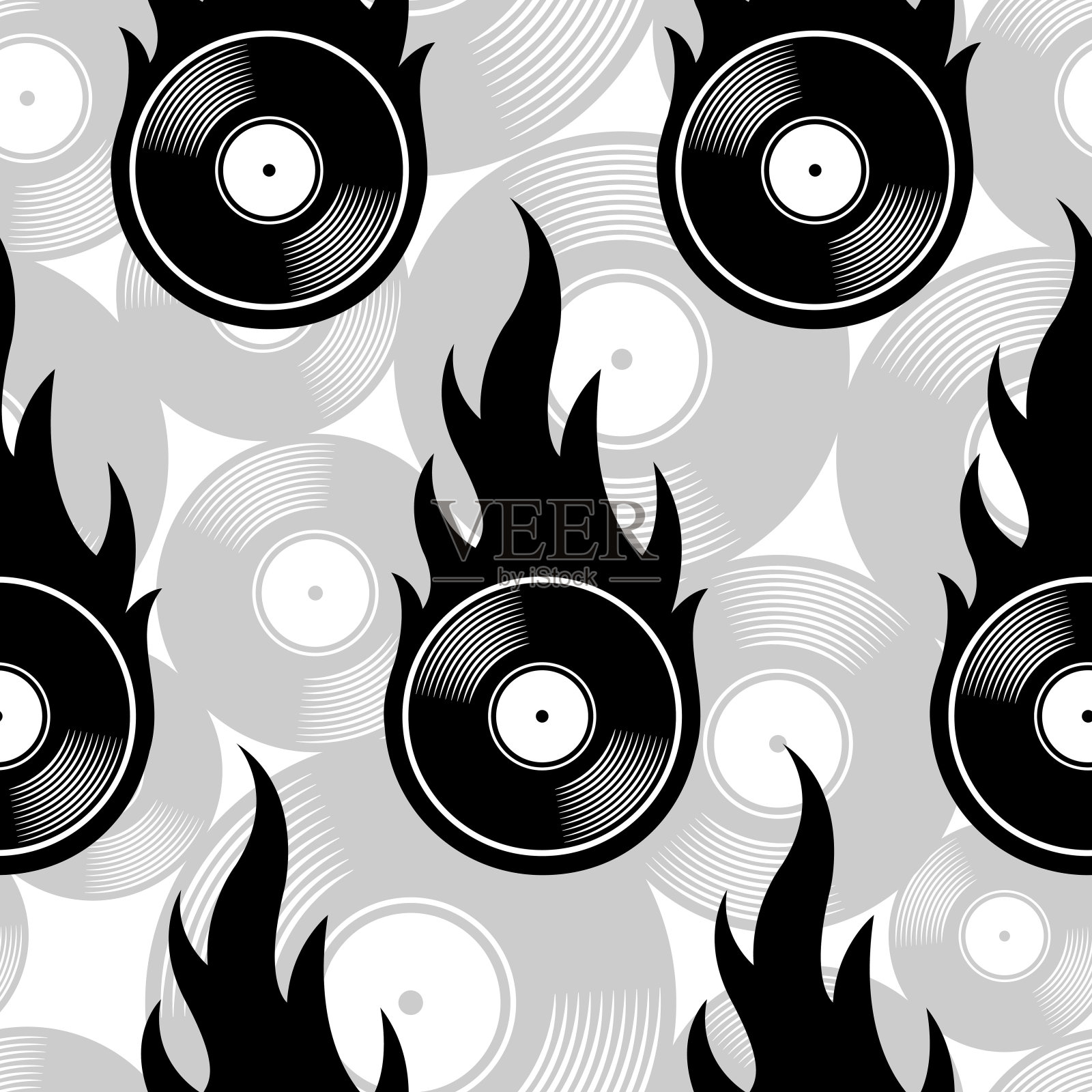 无缝向量模式与复古乙烯基唱片图标和火焰。插画图片素材