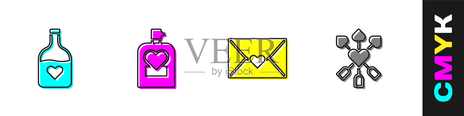 设置瓶子与爱情药水，香水，信封情人节心脏和爱和箭头图标。向量图标素材
