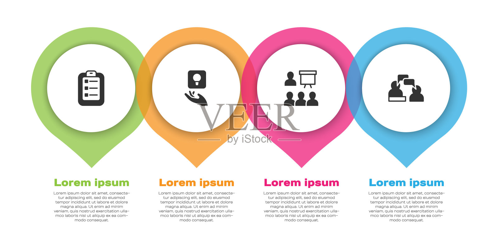 设定待办事项或计划，灯泡，培训，演示和两个坐着的男人谈话。业务信息模板。向量设计模板素材