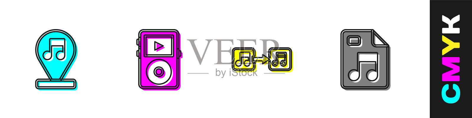 设置音乐音符、音调、播放器和MP3文件图标。向量图标素材