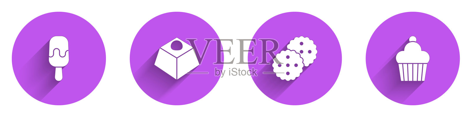 设置冰淇淋，布朗尼巧克力蛋糕，饼干或饼干和蛋糕图标与长阴影。向量插画图片素材