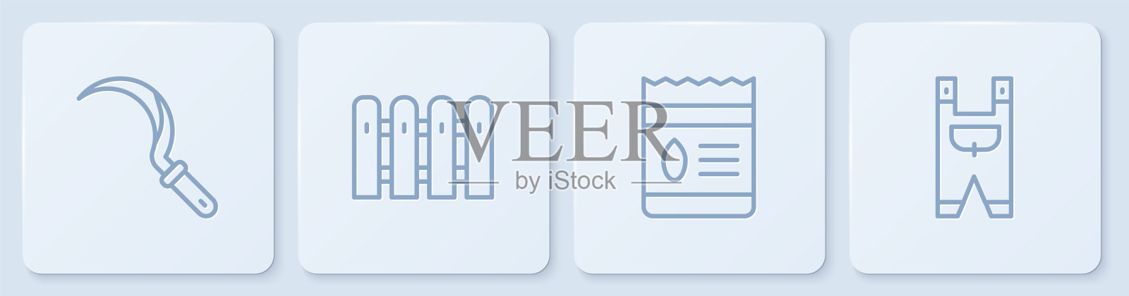 套线镰刀，装满植物种子，花园栅栏木和工人服。白色正方形按钮。向量插画图片素材