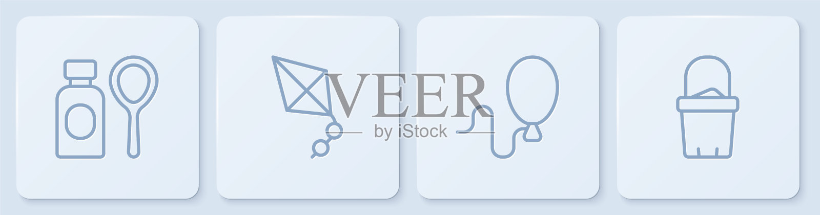 设置线肥皂泡沫瓶，气球，风筝和沙子在桶。白色正方形按钮。向量插画图片素材