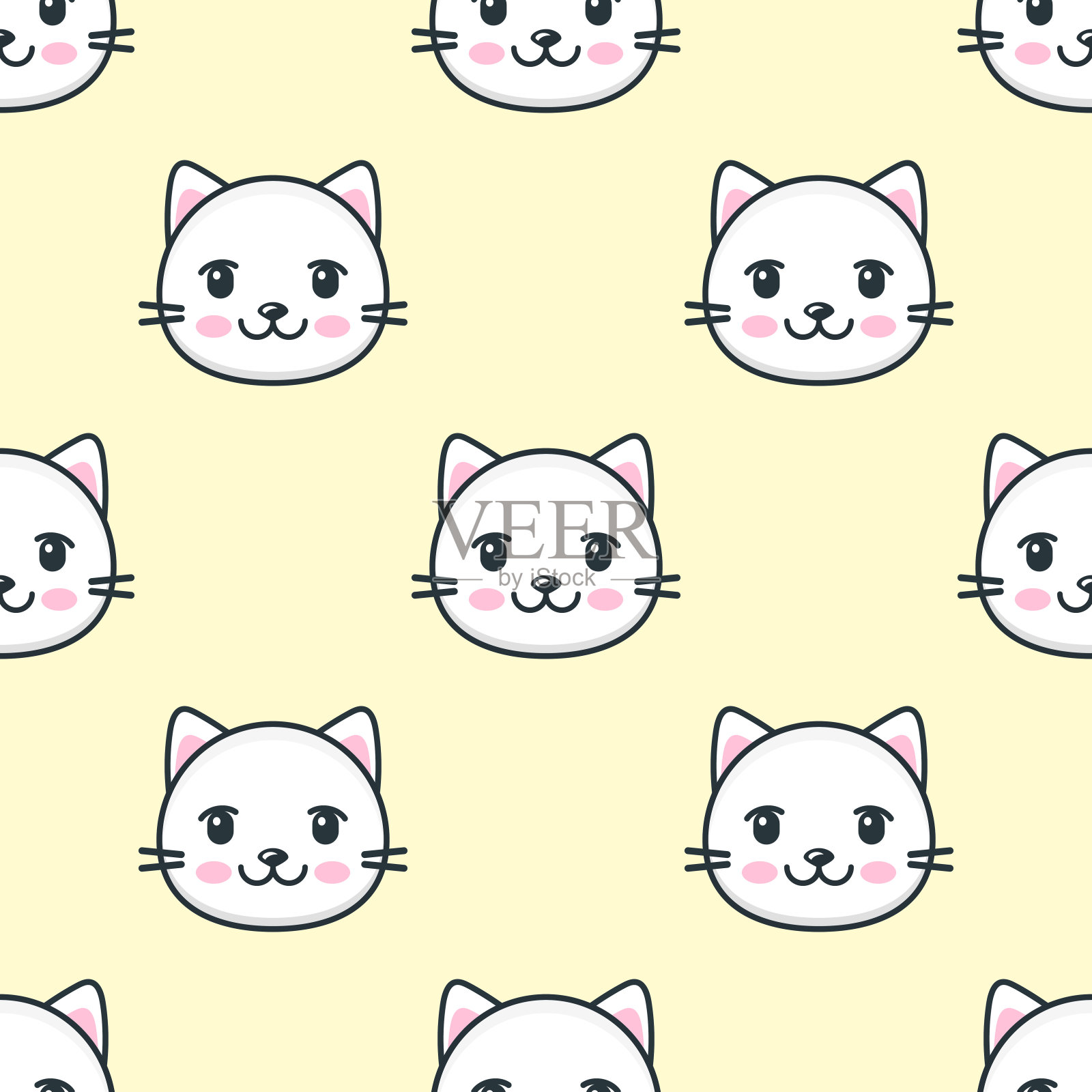 无缝图案与可爱的白猫的脸插画图片素材