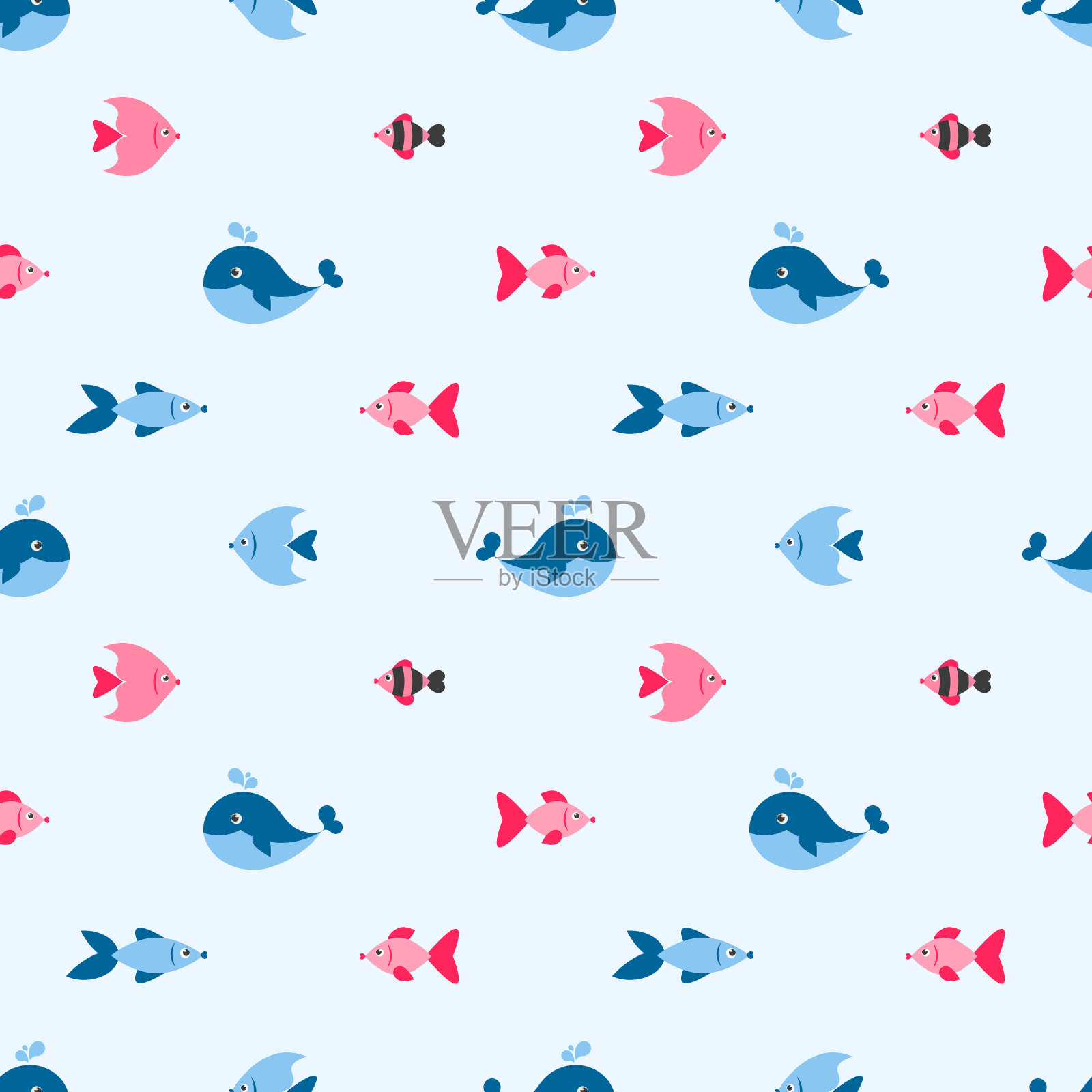 无缝图案与可爱的鱼和鲸鱼插画图片素材