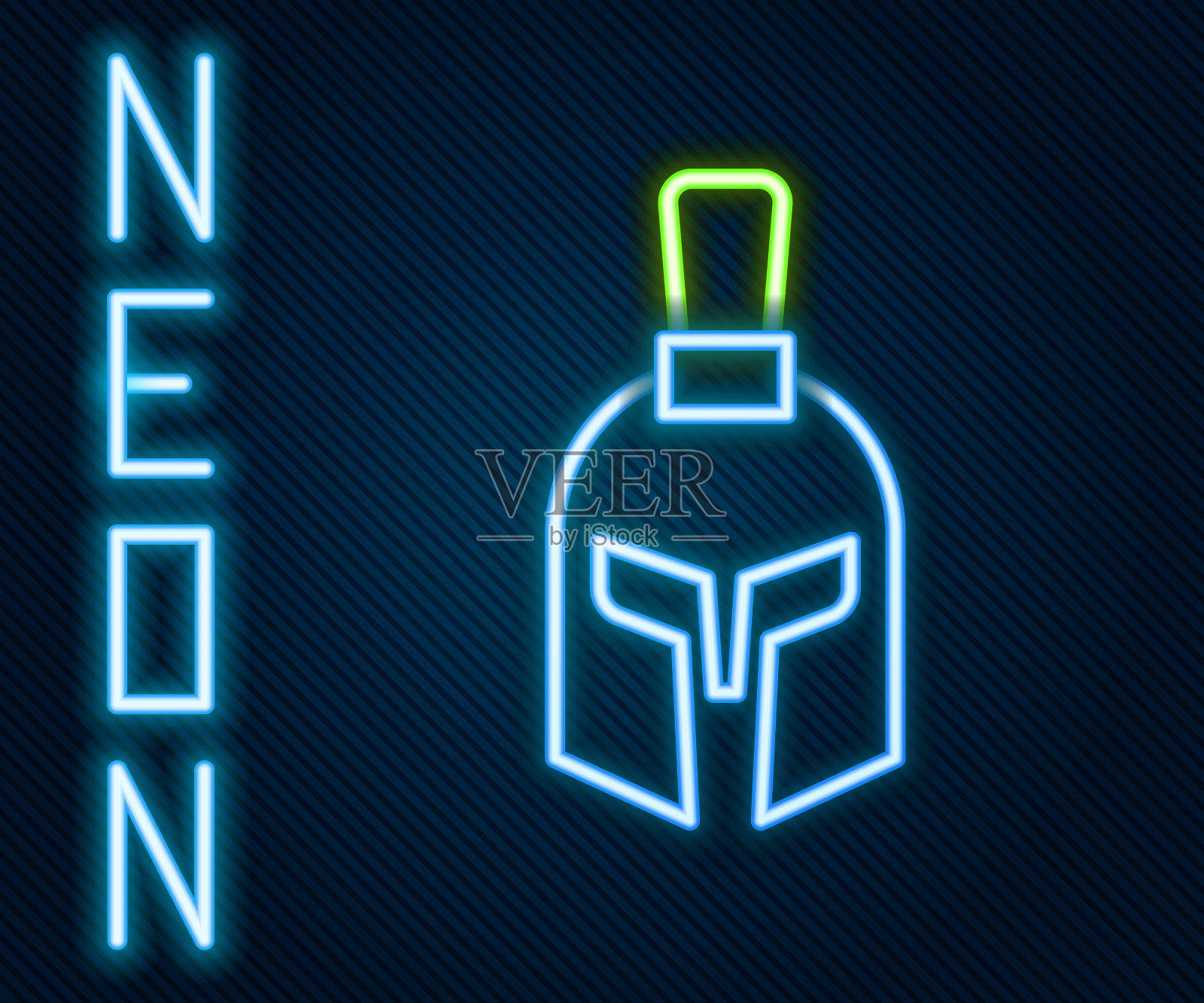 发光霓虹灯线希腊头盔图标孤立在黑色背景。用羽毛或马毛做头饰的古代士兵头盔。色彩斑斓的轮廓的概念。向量插画图片素材