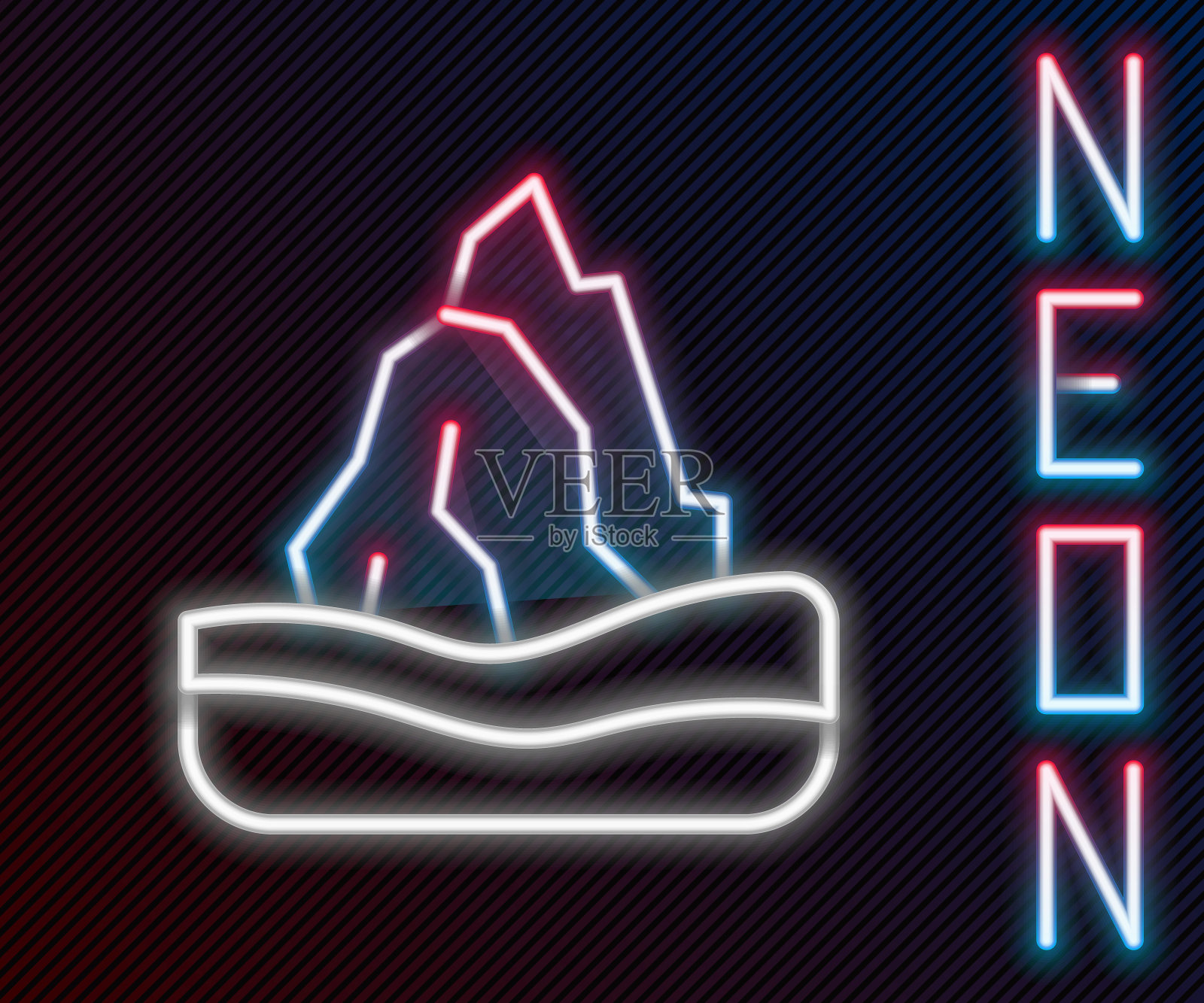 发光的霓虹灯线冰山图标孤立在黑色背景上。色彩斑斓的轮廓的概念。向量插画图片素材