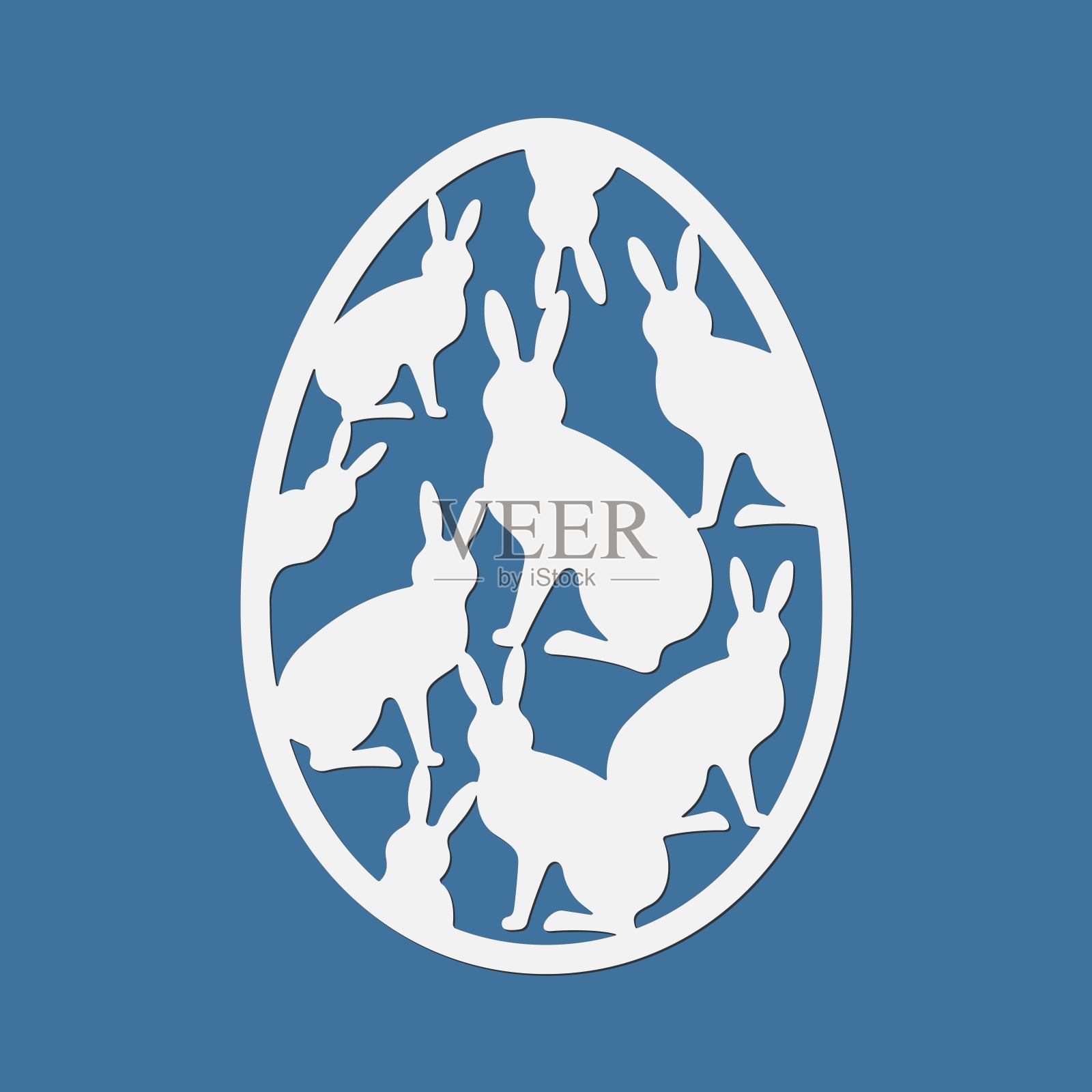 复活节彩蛋，激光刻字机模板。彩蛋形状的装饰与复活节兔子。矢量插图在纸的风格插画图片素材