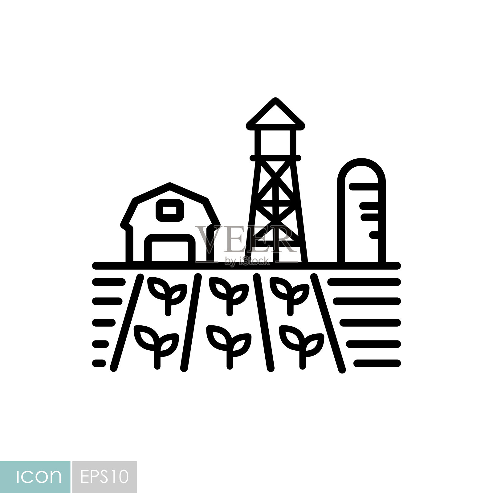 带有谷仓、苗木和风泵的农场景观插画图片素材