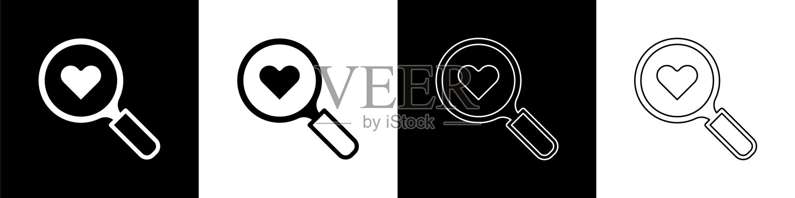 设置搜索心和爱的图标孤立在黑白背景上。放大镜里面有一颗心。情人节快乐。向量图标素材