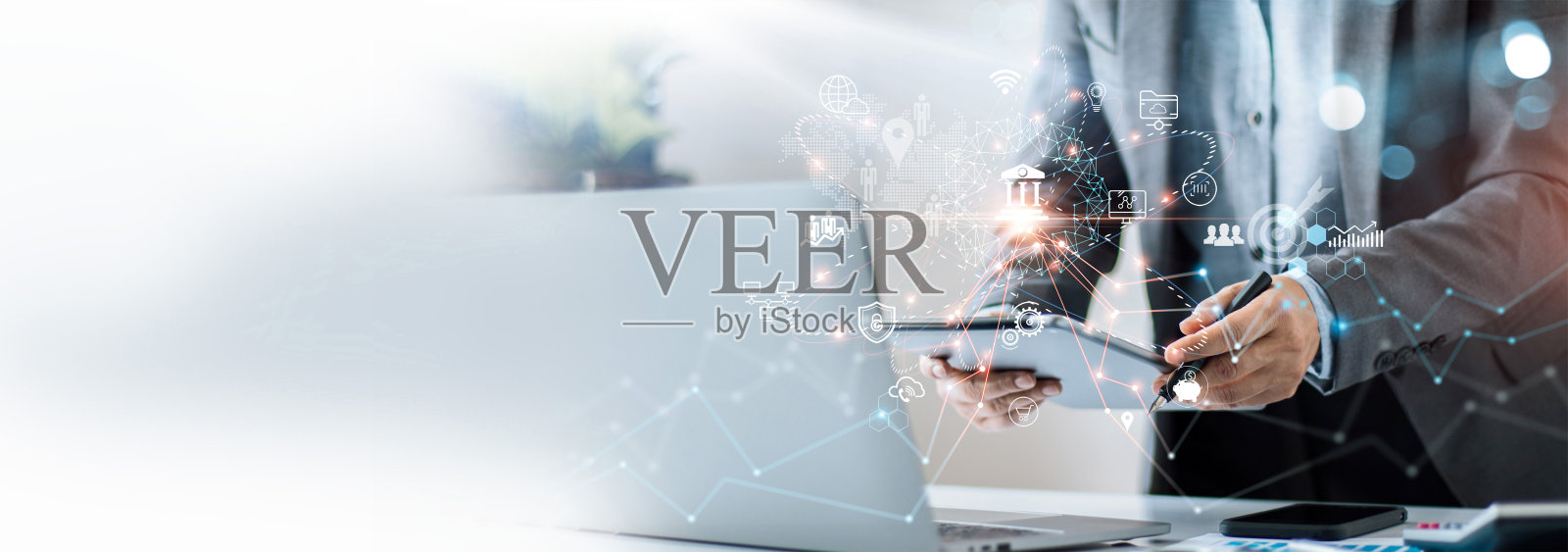 数字营销，商人使用平板电脑分析经济金融和销售数据增长的界面图标，银行，金融，商业战略的全球商业网络连接技术。照片摄影图片