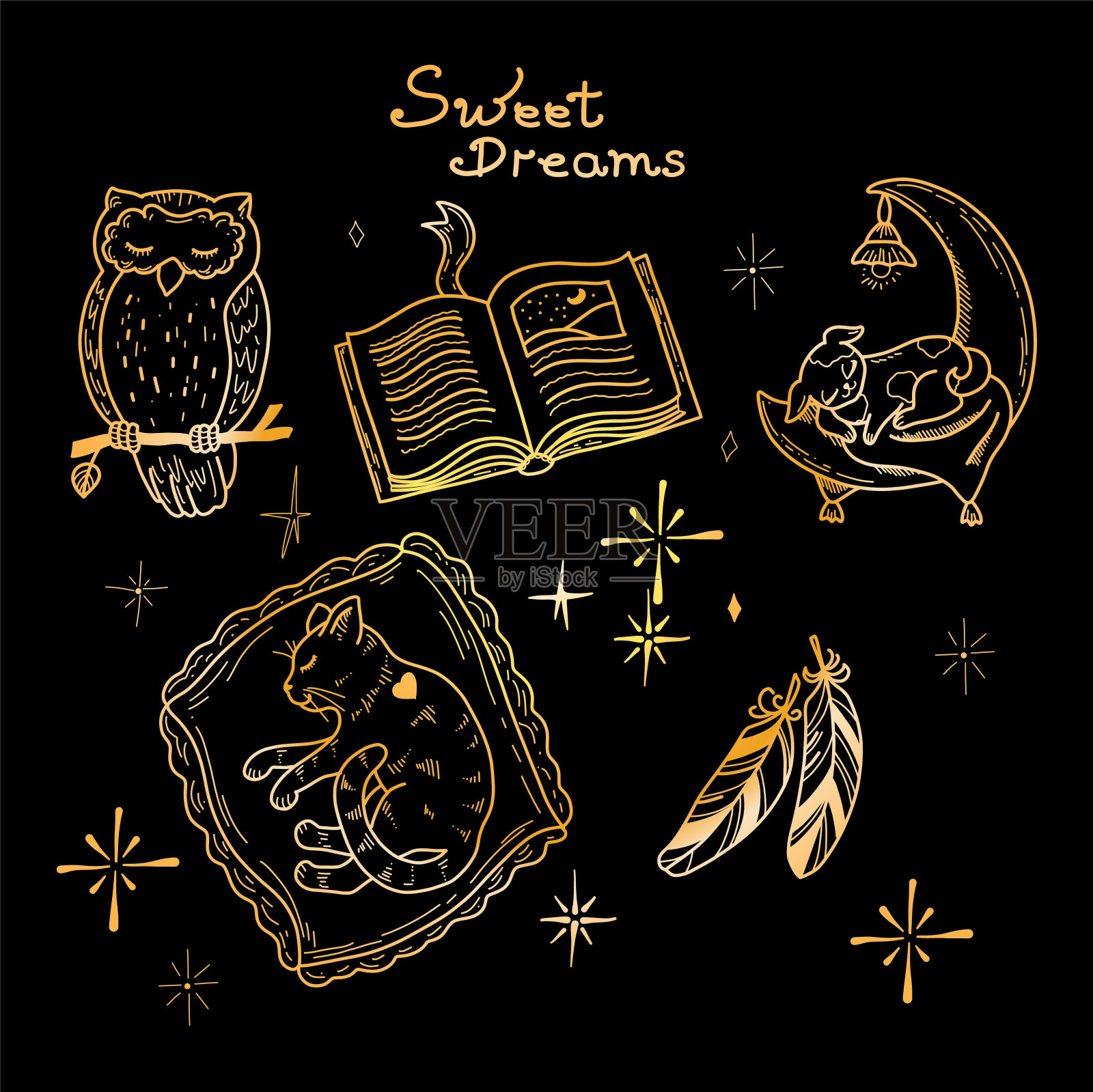 在黑色背景上的睡眠主题上可爱的手绘矢量插图的黄金套图纸插画图片素材