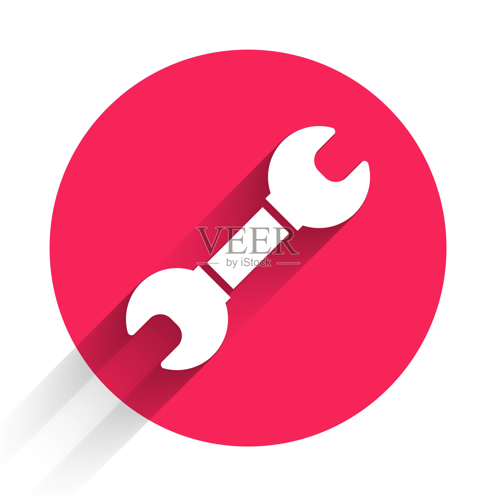 白色扳手扳手图标孤立与长阴影背景。扳手维修工具。服务工具的象征。红色圆圈按钮。向量插画图片素材