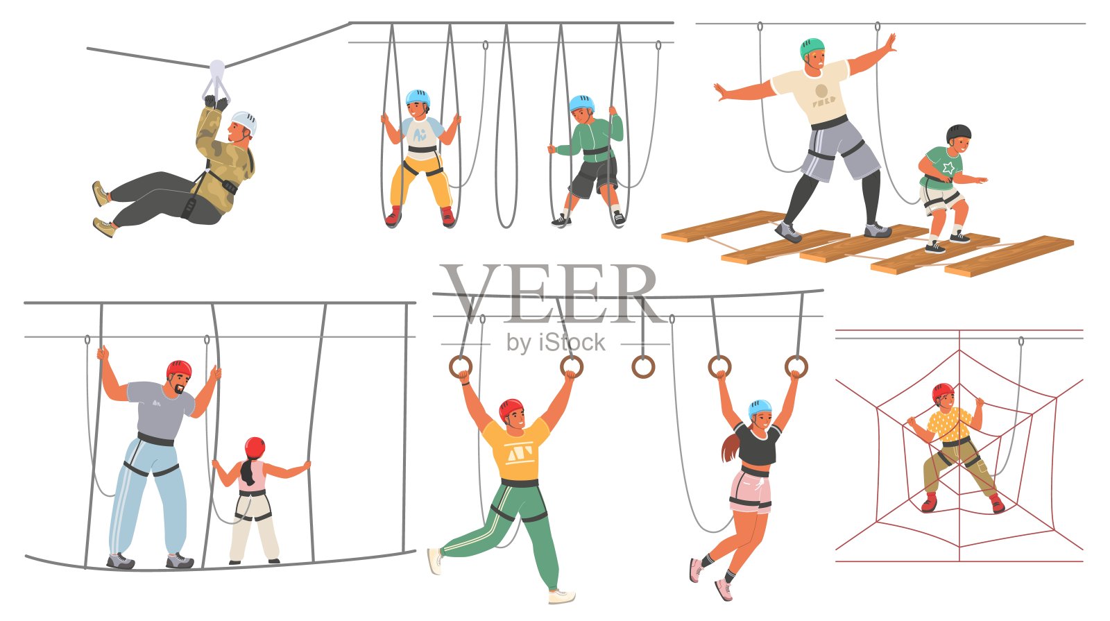 成人和孩子在绳索冒险公园，矢量插图。运动、娱乐和娱乐。夏季户外活动。插画图片素材