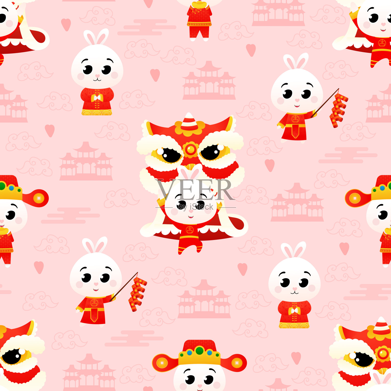 可爱的兔子在中国传统服装卡通风格无缝图案寺庙和心，东方装饰插画图片素材