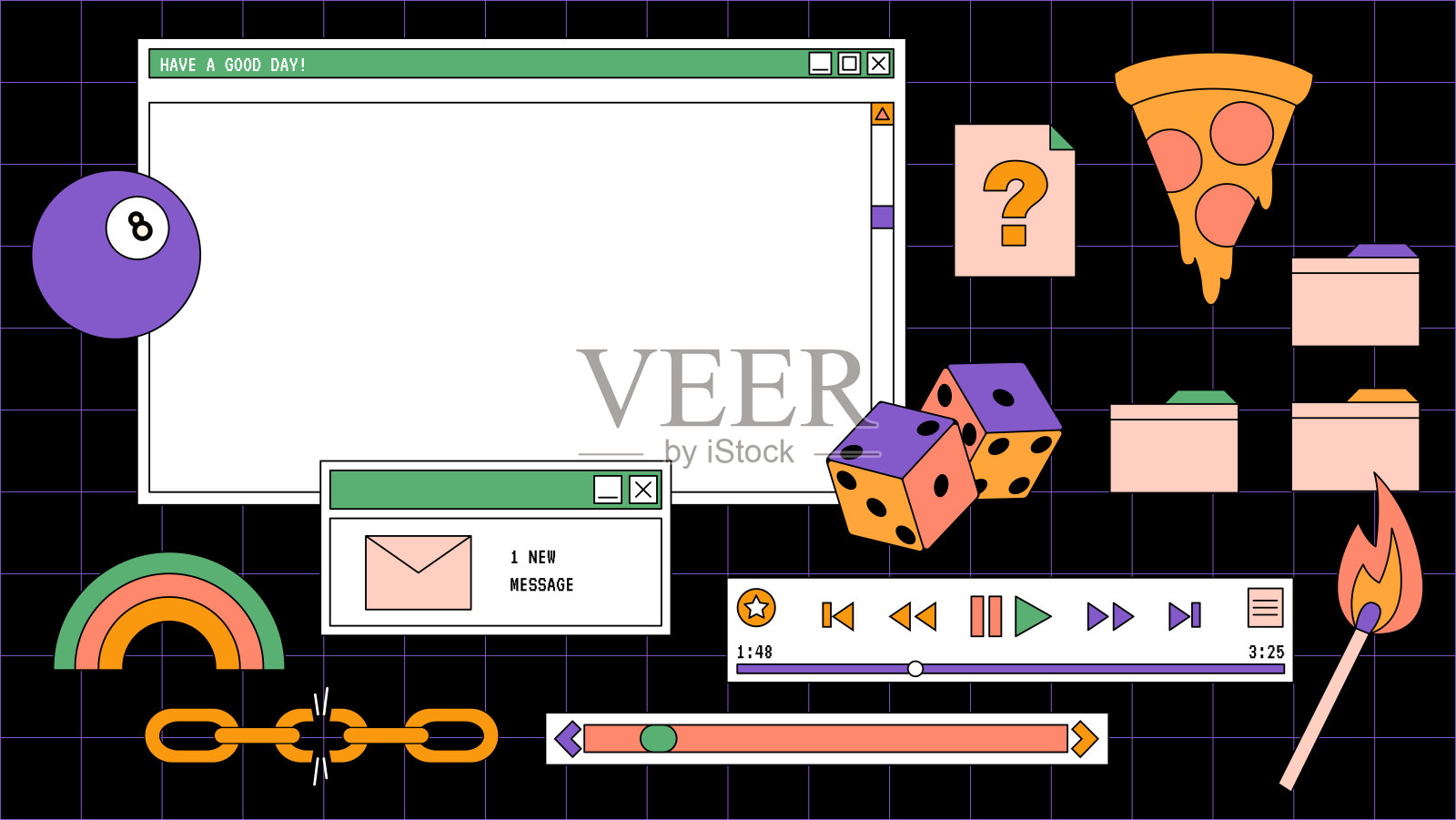 抽象古老的唯美groovy背景。线性汽波复古桌面壁纸。现代复古漫画插图。时尚，怀旧，多彩的七八十年代，九十年代风格。复古PC窗口界面插画图片素材