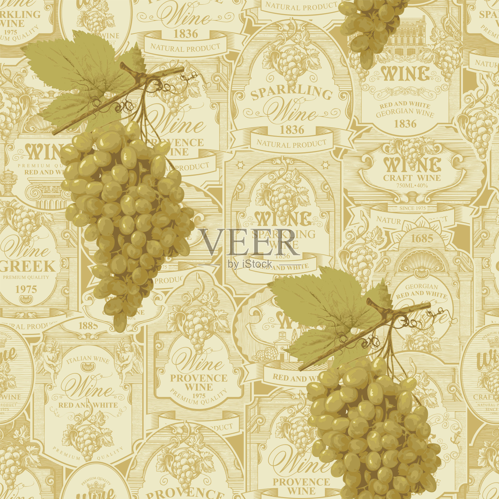 无缝模式的葡萄串和葡萄酒标签设计元素图片