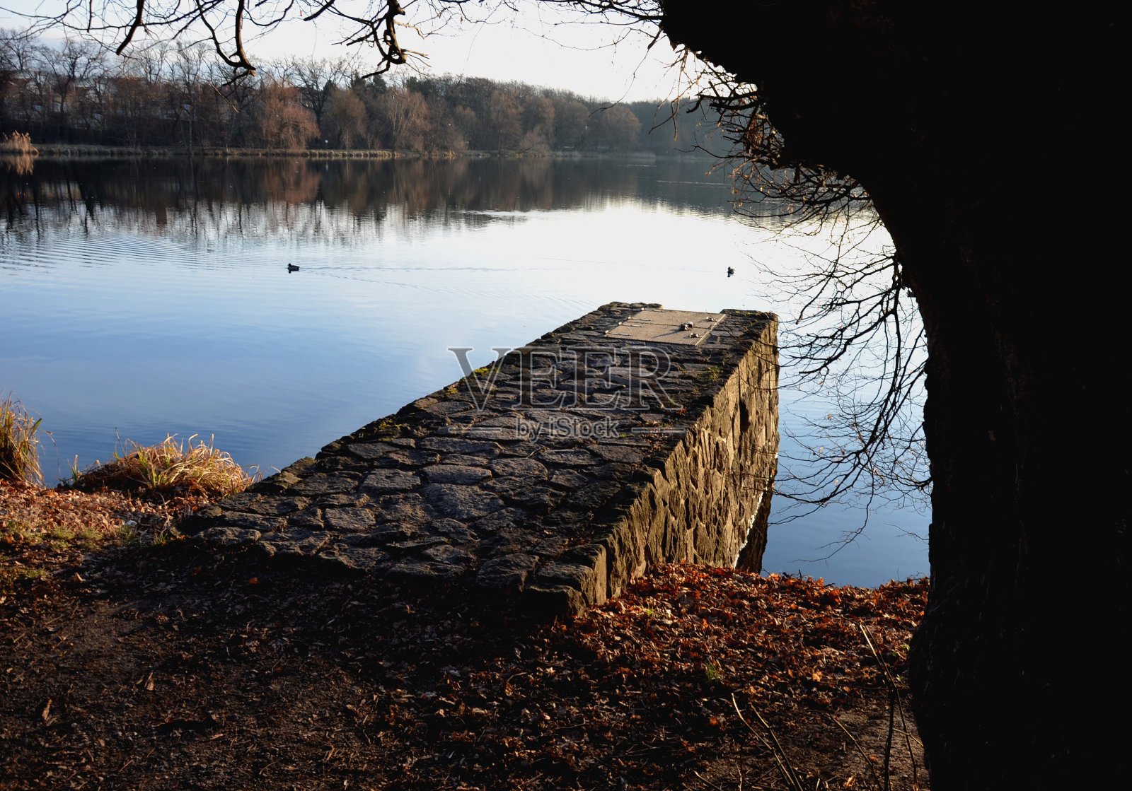 池塘设有水闸，水库有调节和混凝土坝竖井。导流剖面确定流量，坝管下出水。横跨水面的栏杆和桥。服务石质楼梯照片摄影图片