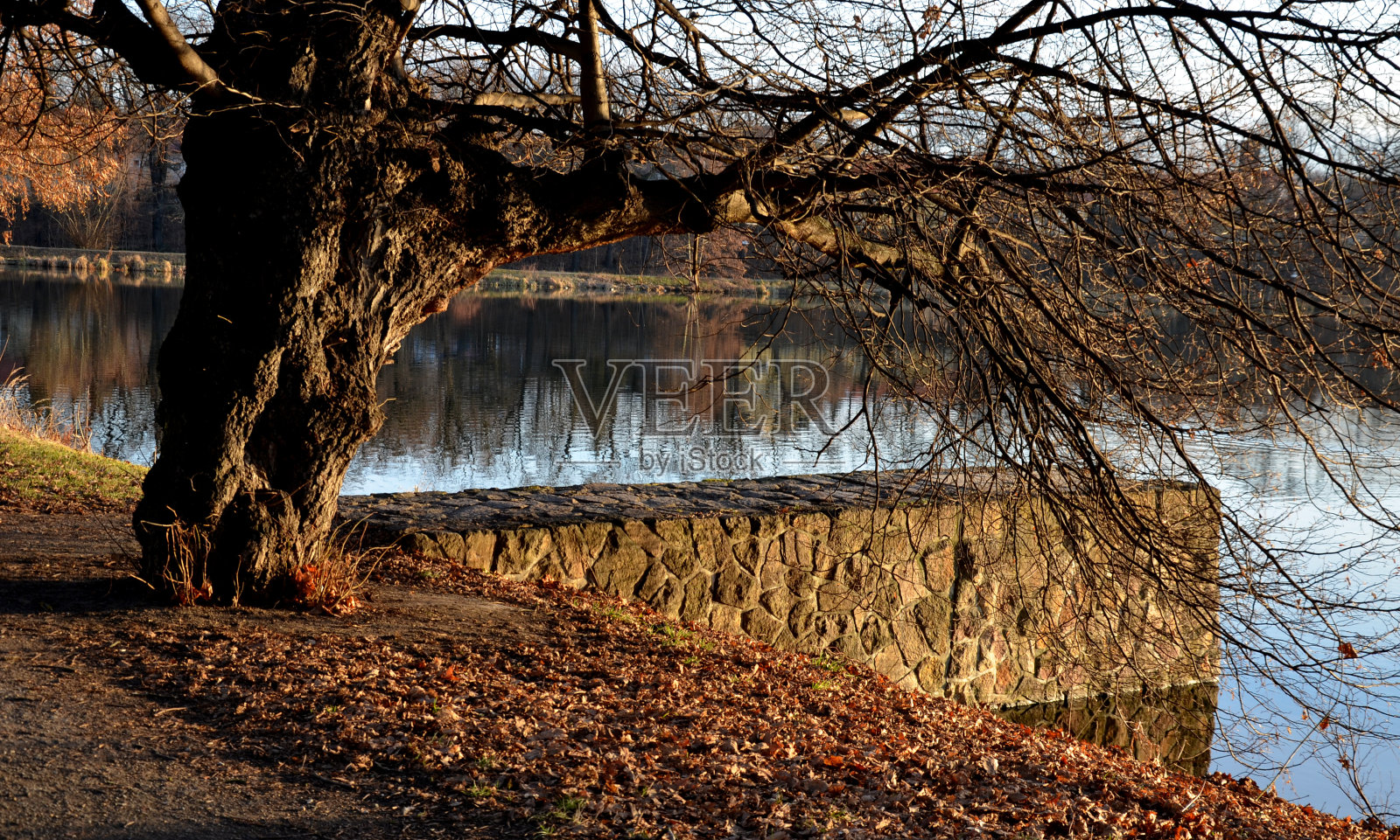 池塘设有水闸，水库有调节和混凝土坝竖井。导流剖面确定流量，坝管下出水。横跨水面的栏杆和桥。服务石质楼梯照片摄影图片