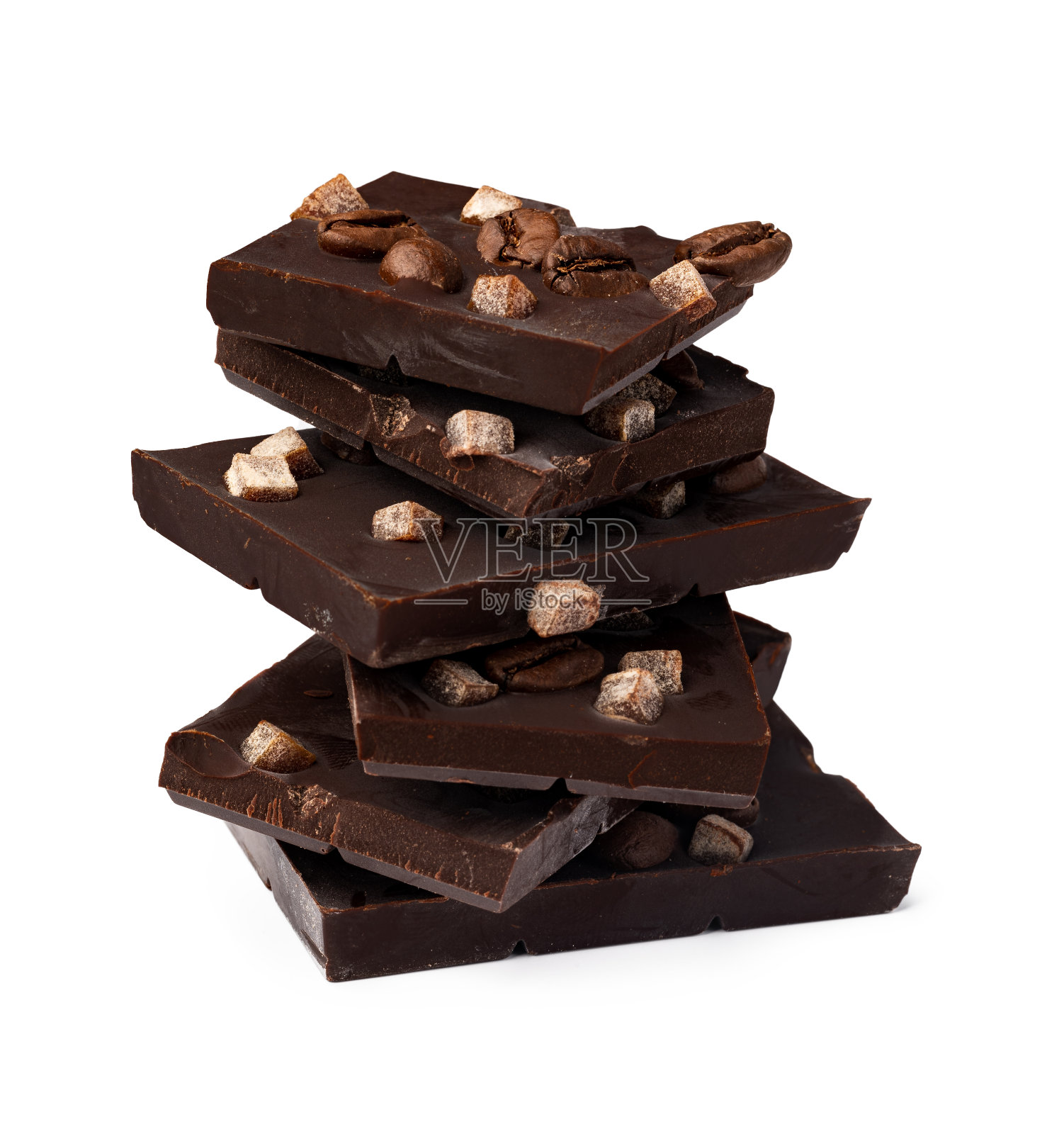 Сhocolate片充满了蜜饯水果隔离在白色照片摄影图片