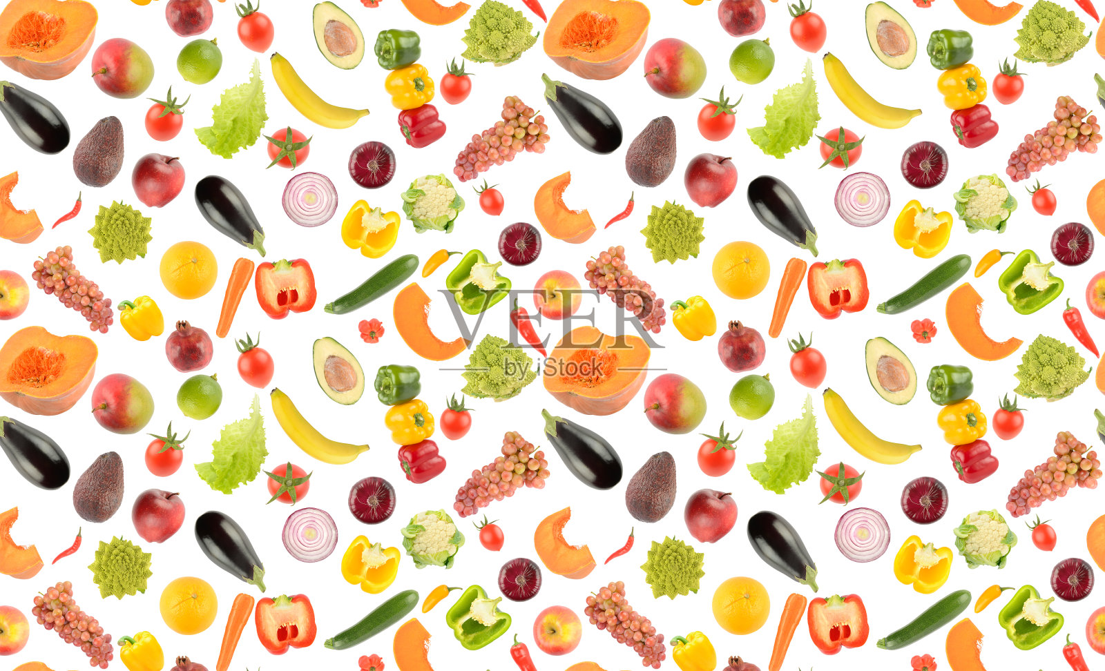 大型彩色无缝图案，鲜亮的蔬菜和水果孤立在白色照片摄影图片