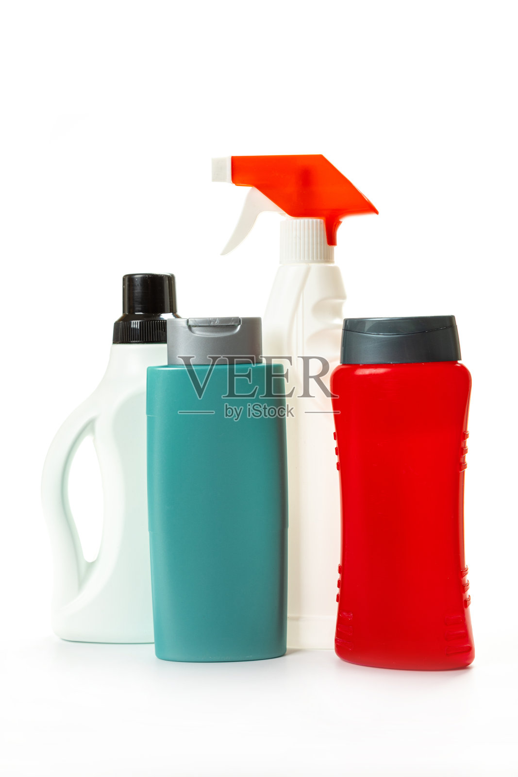 清洁剂瓶和化学清洁用品隔离在白色照片摄影图片