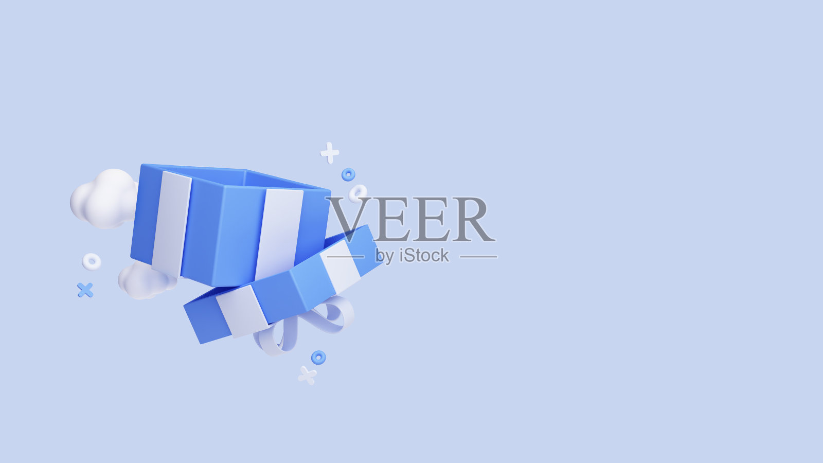 用丝带打开空的礼品盒。以卡通的形式呈现。节日和生日惊喜。带有用于提升的空复制空间的横幅模板。3 d渲染。蓝色的照片摄影图片