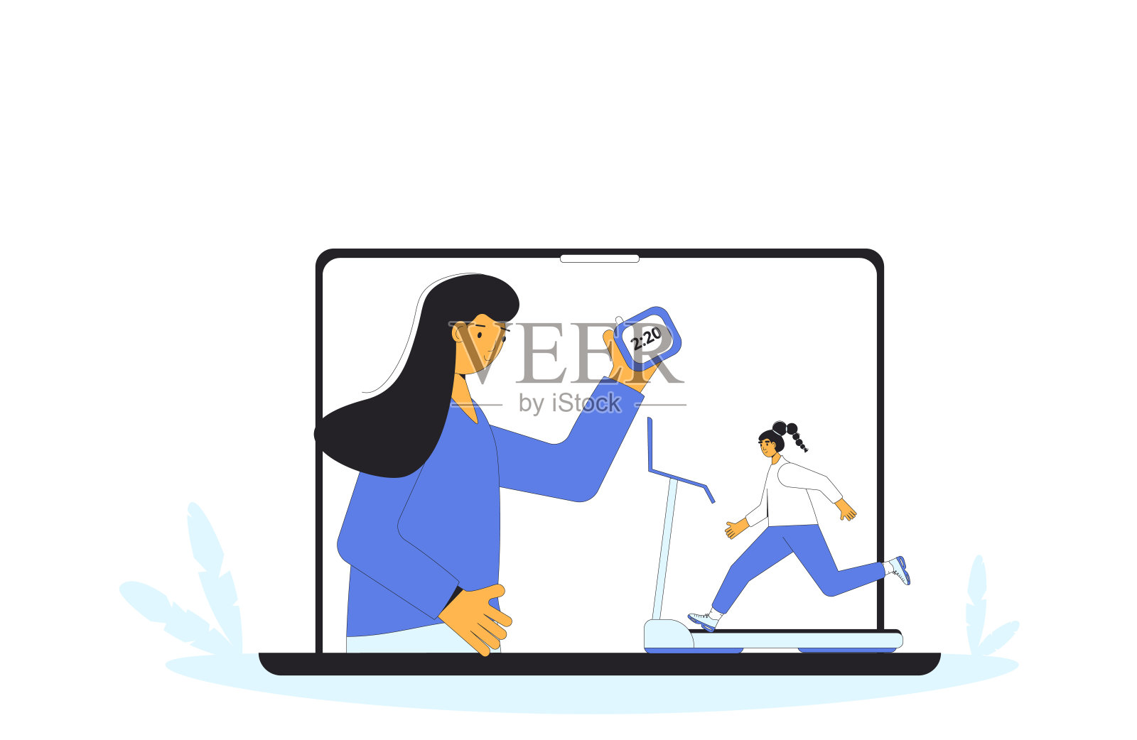 与教练在线锻炼。在家的跑步机上跑步。插画图片素材