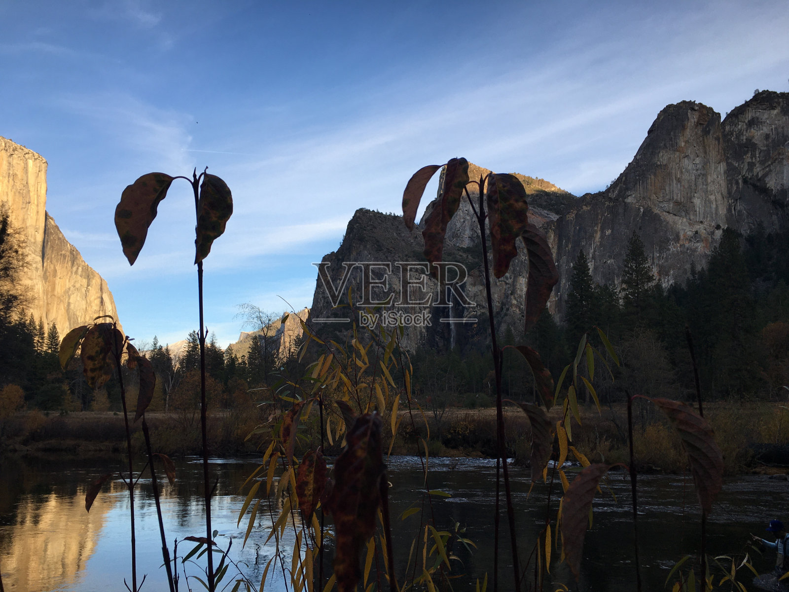 11月日落前约塞米蒂山谷的默塞德河。照片摄影图片