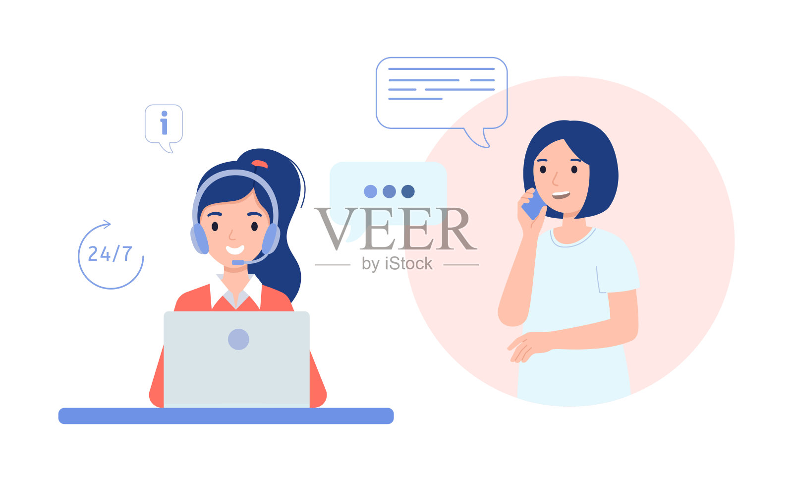 戴耳机的女孩与客户沟通。为客户提供24-7小时的技术支持，业务电话热线。插画图片素材