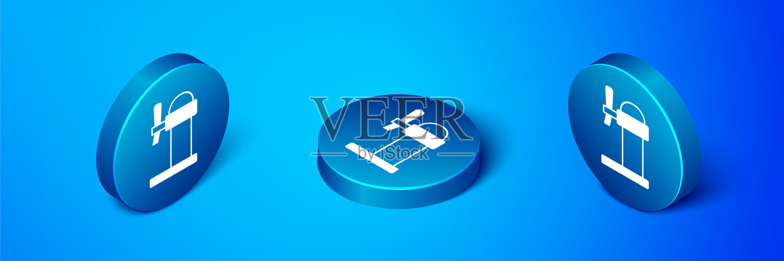 等距饮水机啤酒图标孤立在蓝色背景上。啤酒宽塔与水龙头。蓝色圆按钮。向量图标素材