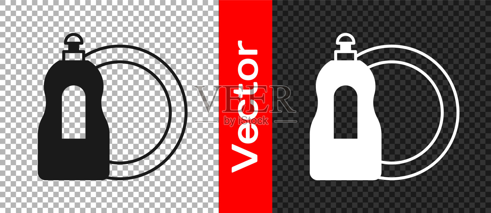 黑色洗碗液瓶和盘子图标孤立在透明的背景上。洗碗用的液体洗涤剂。向量图标素材