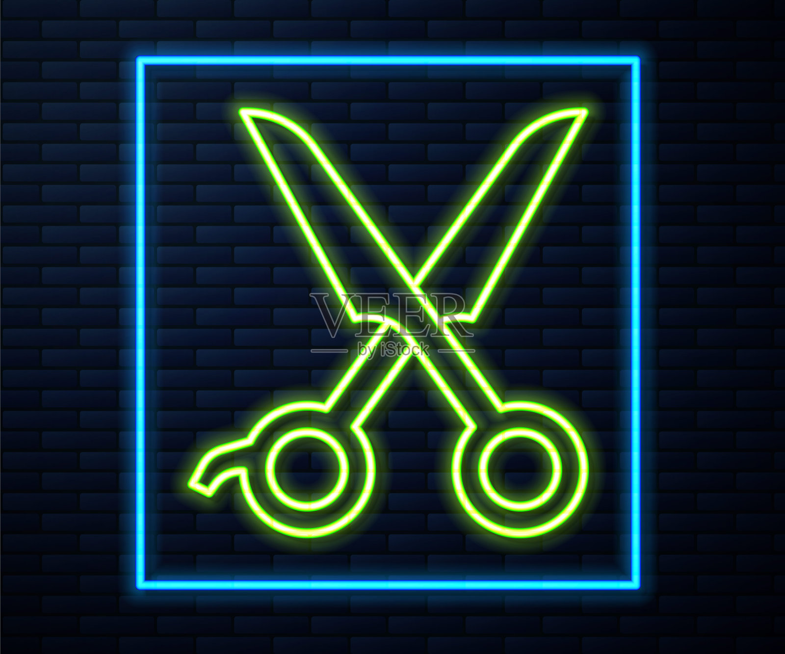 发光的霓虹灯线剪刀发型师图标孤立在砖墙背景。美发师、时尚沙龙、理发店招牌。理发店的标志。向量插画图片素材