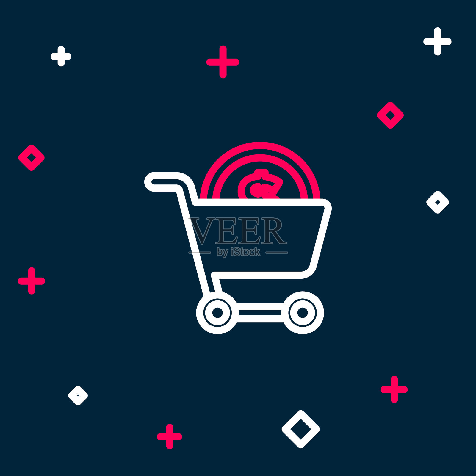 线上购物车和美元符号图标孤立在蓝色背景上。网上购物的概念。送货服务。超市的篮子里。色彩斑斓的轮廓的概念。向量插画图片素材