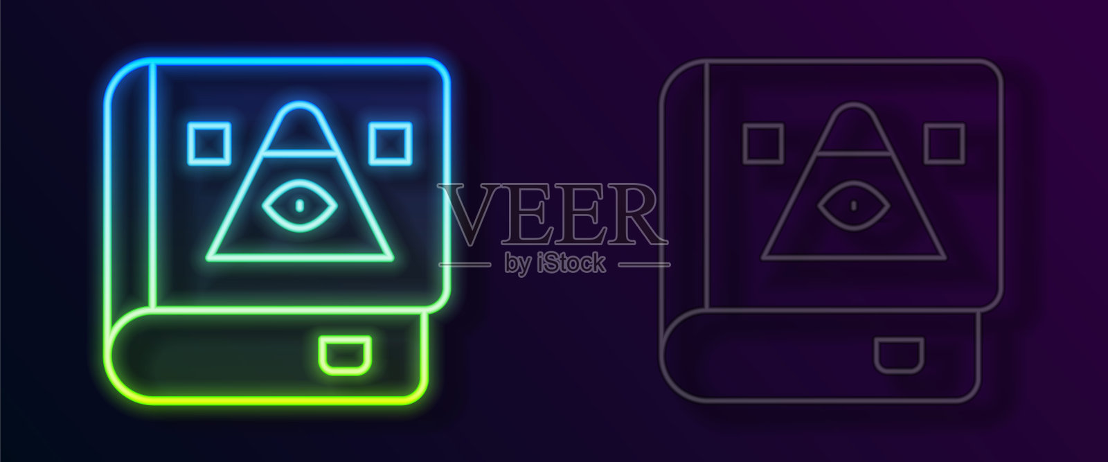 发光的霓虹灯线与炼金术食谱和神秘咒语和魔法图标孤立在黑色背景古代魔法书。向量图标素材