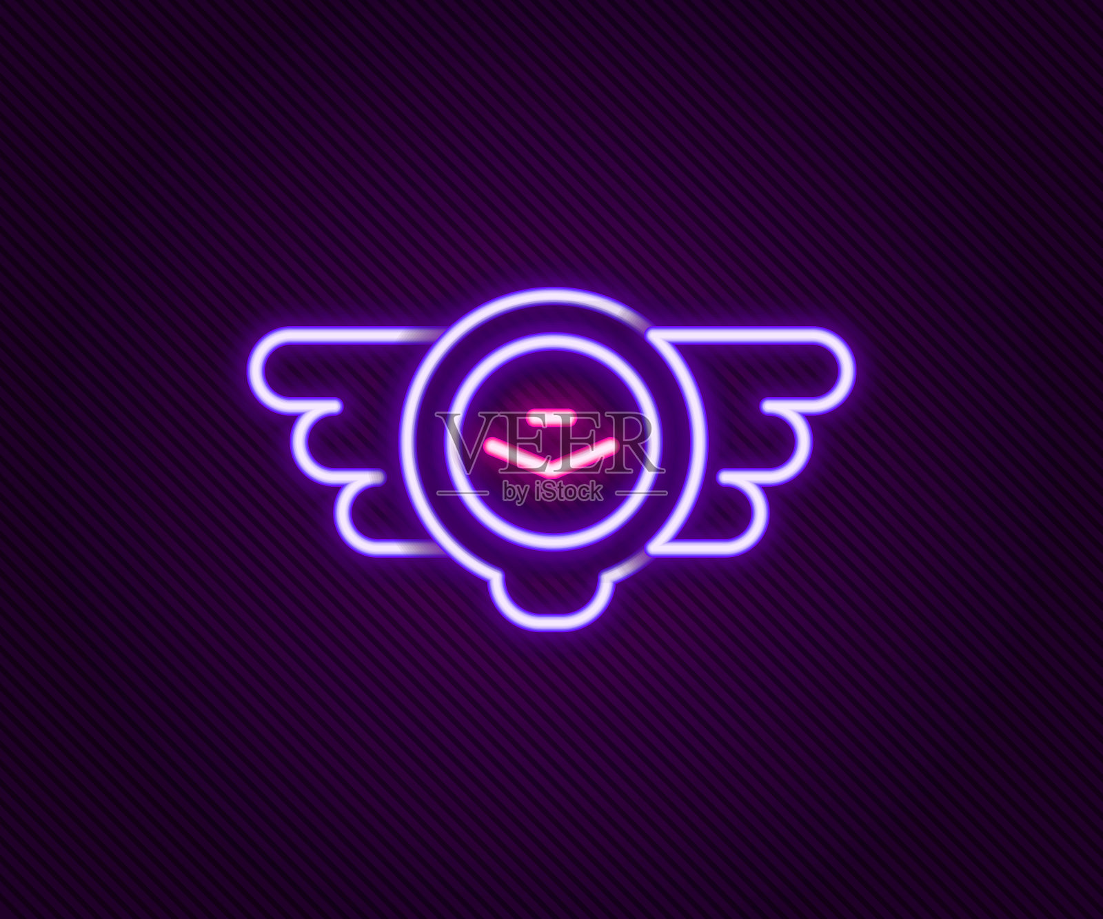 发光的霓虹灯线航空徽章图标孤立在黑色背景上。军事和民用航空的图标。飞行徽章，鹰鸟翅膀和翼架。色彩斑斓的轮廓的概念。向量图标素材